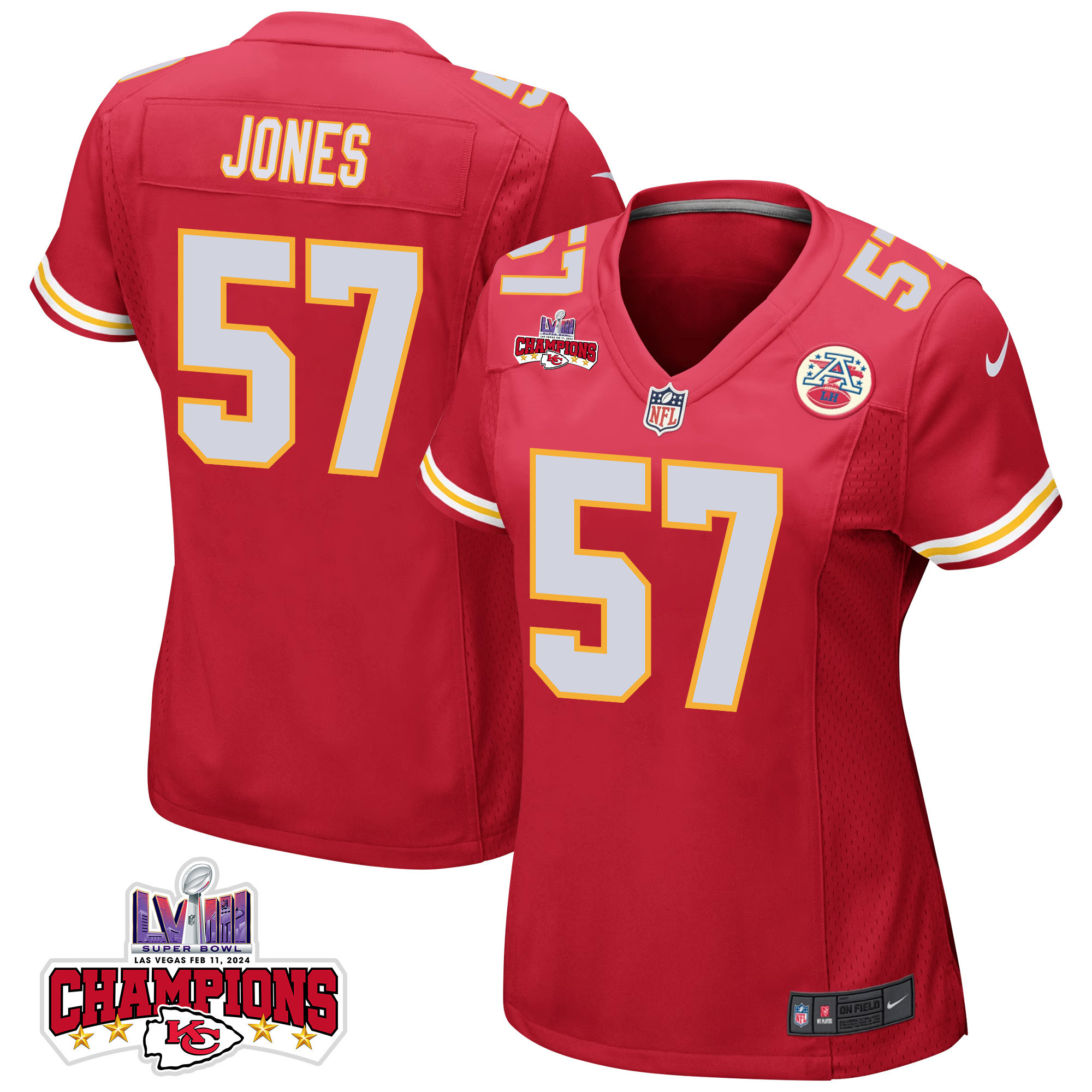 Truman Jones 57 Kansas City Chiefs Super Bowl LVIII Champions 4 Stars Patch Game Women Jersey - Red JS9908 nicesnker