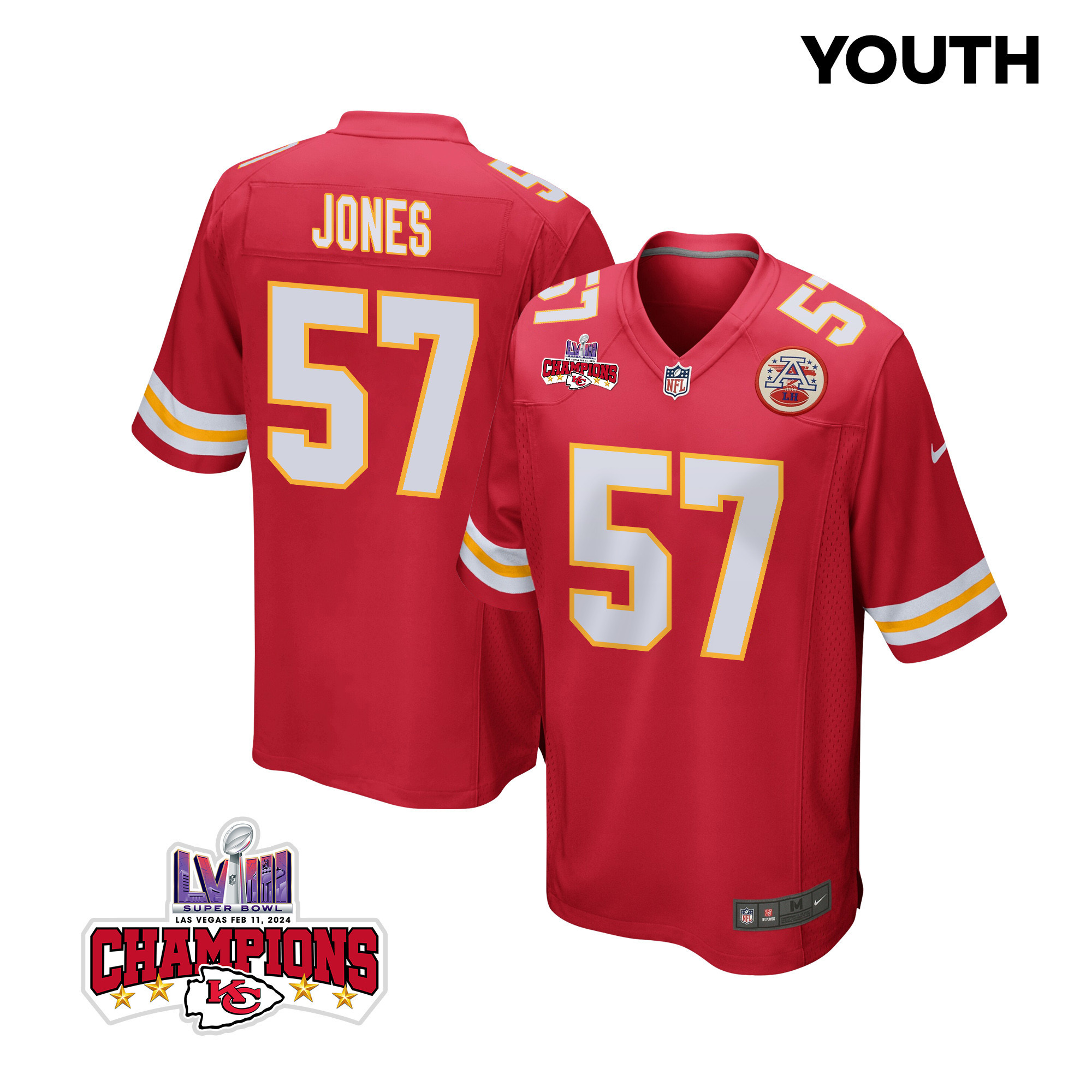 Truman Jones 57 Kansas City Chiefs Super Bowl LVIII Champions 4 Stars Patch Game YOUTH Jersey - Red JS4529 nicesnker