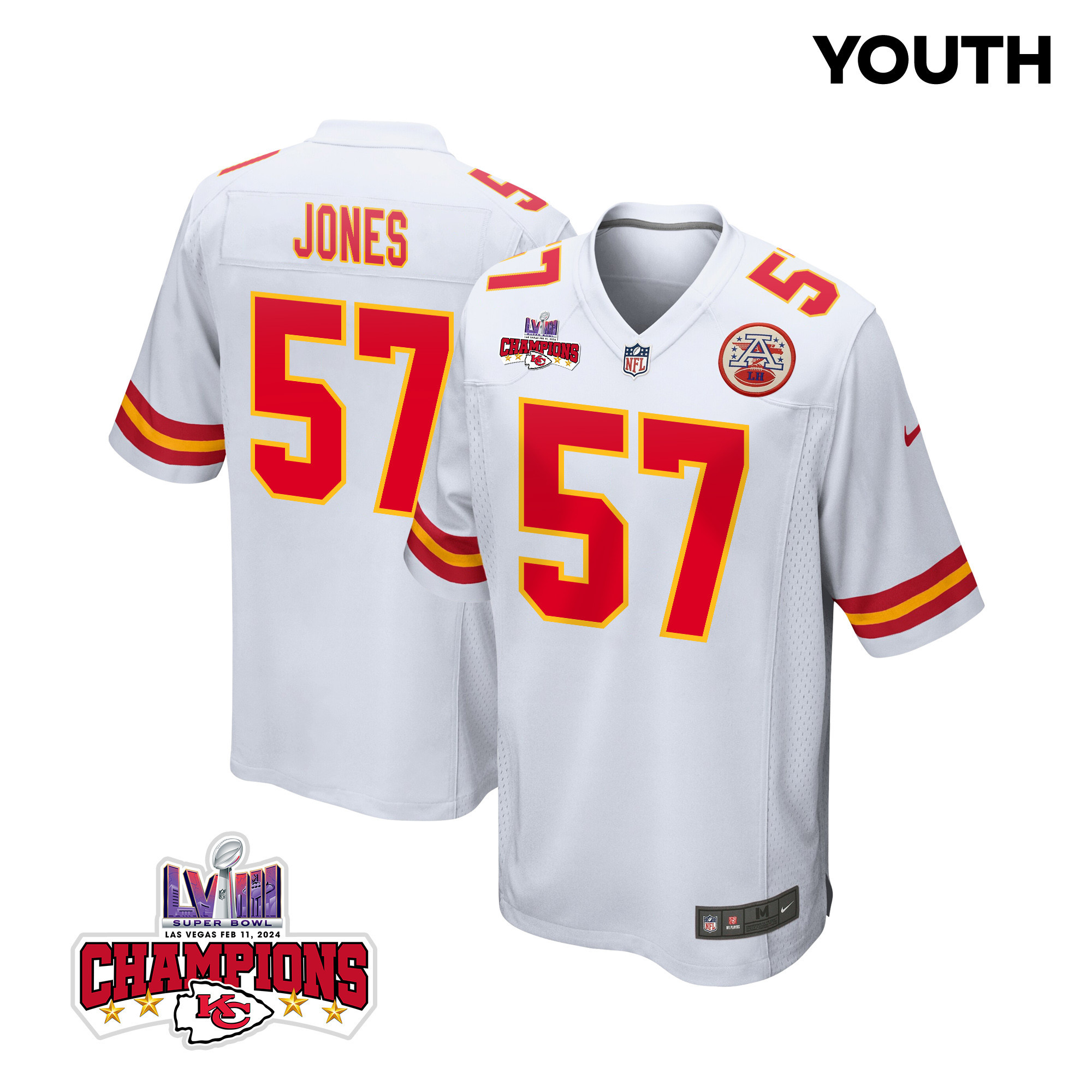 Truman Jones 57 Kansas City Chiefs Super Bowl LVIII Champions 4 Stars Patch Game YOUTH Jersey - White JS5572 nicesnker