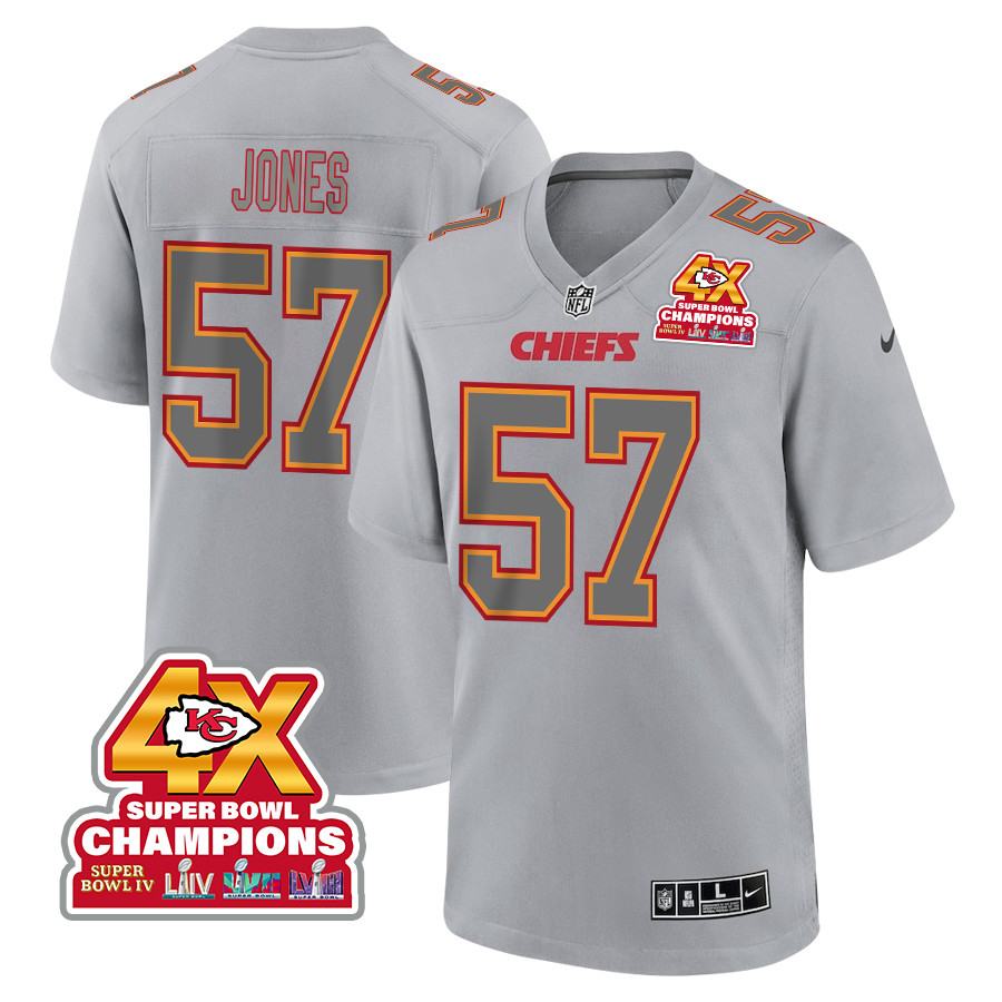 Truman Jones 57 Kansas City Chiefs Super Bowl LVIII Champions 4X Atmosphere Fashion Game Men Jersey - Gray JS3291 nicesnker
