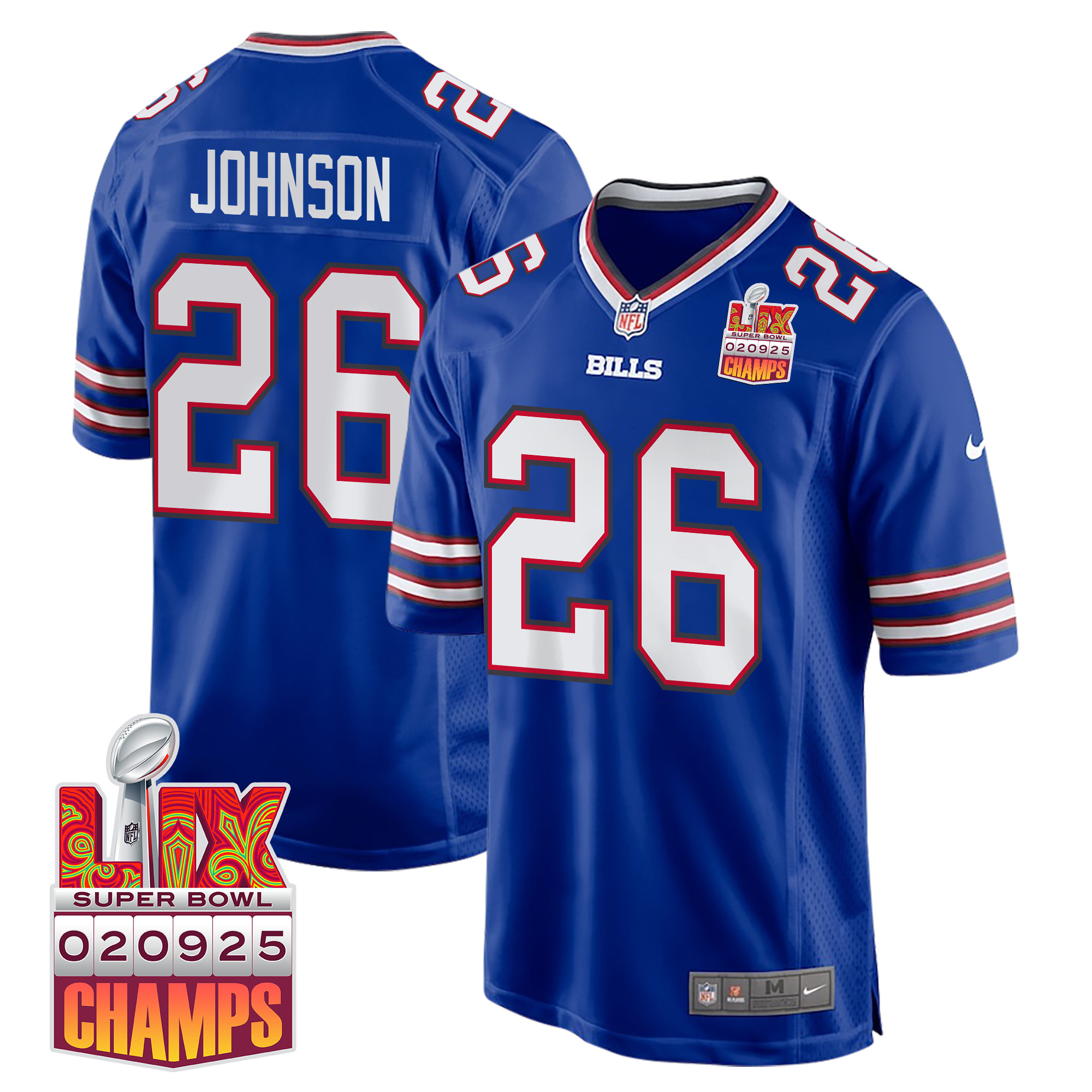 Ty Johnson 26 Buffalo Bills Super Bowl LIX Champions Patch Game Men Jersey - Royal JS4218 nicesnker