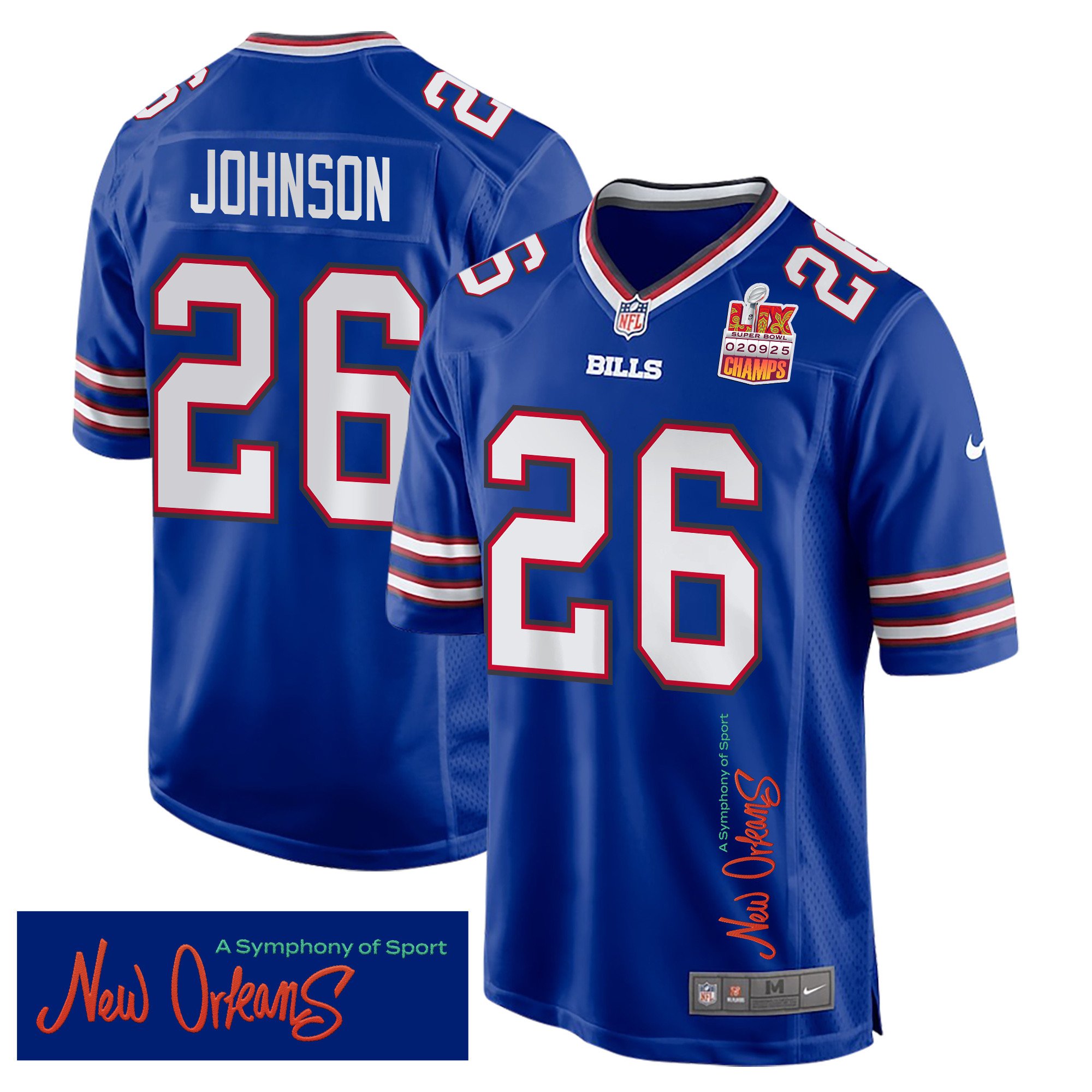 Ty Johnson 26 Buffalo Bills Super Bowl LIX Champions Patch 'New Orleans - A Symphony of Sport' EMBROIDERED Game Men Jersey - Royal JS9410 nicesnker