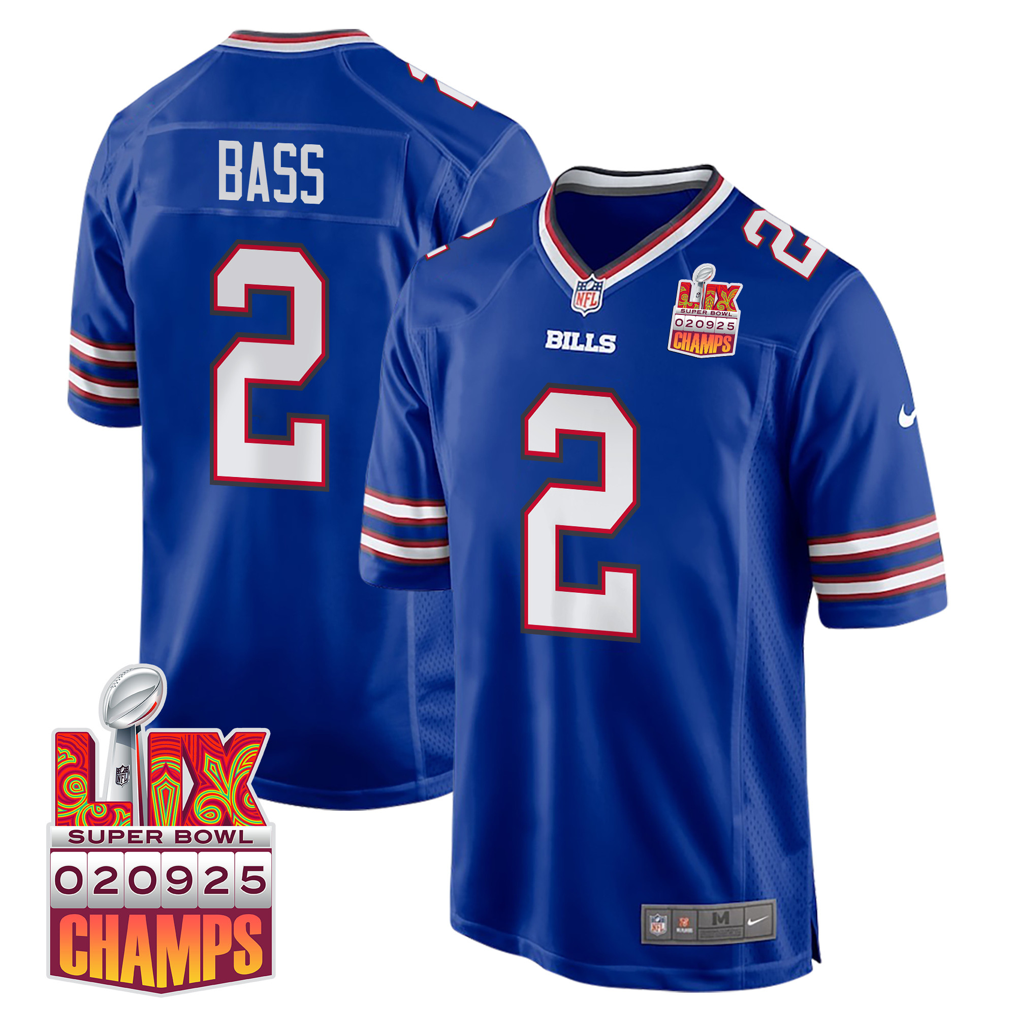 Tyler Bass 2 Buffalo Bills Super Bowl LIX Champions Patch Game Men Jersey - Royal JS6828 nicesnker