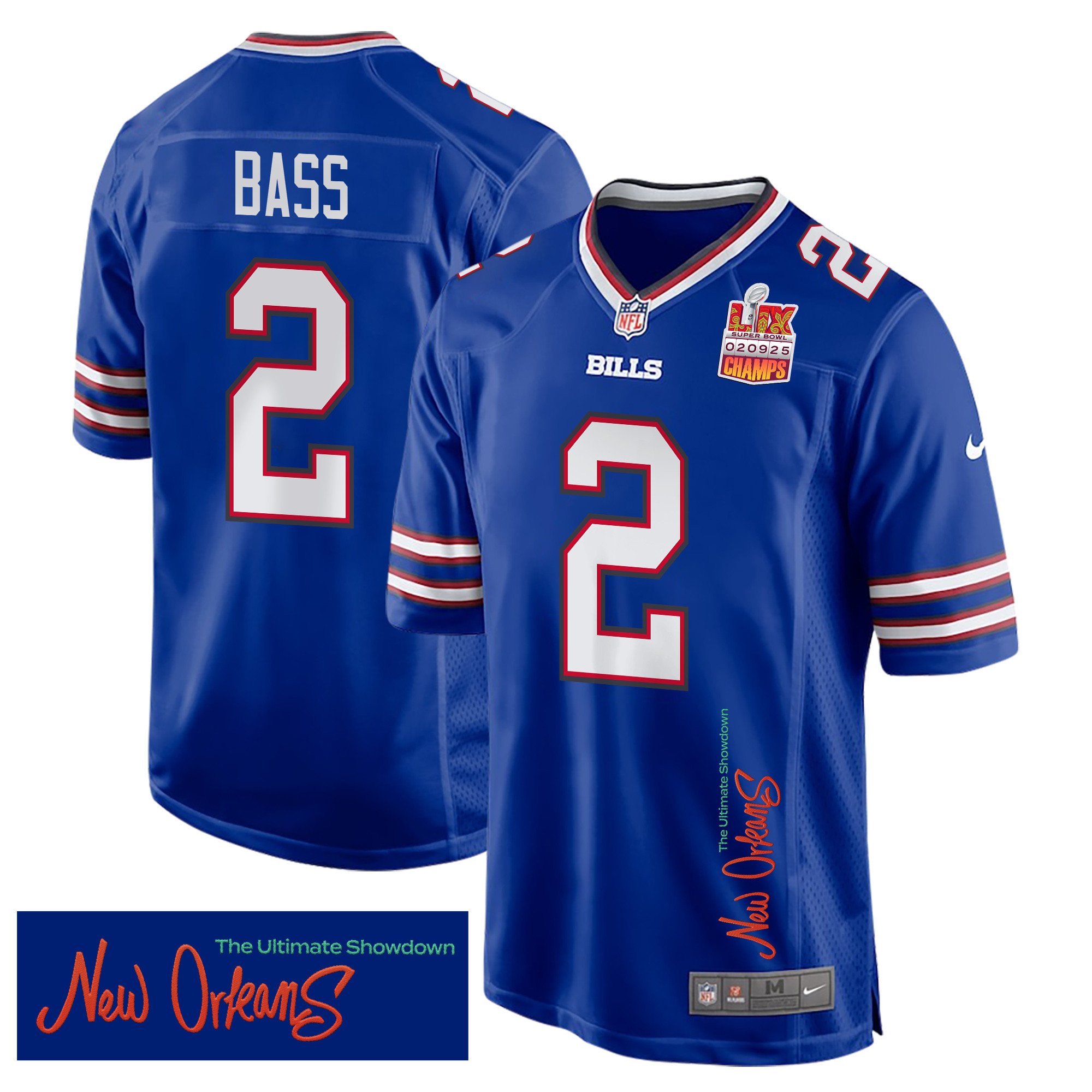 Tyler Bass 2 Buffalo Bills Super Bowl LIX Champions Patch 'New Orleans - The Ultimate Showdown' EMBROIDERED Game Men Jersey - Royal JS9458 nicesnker