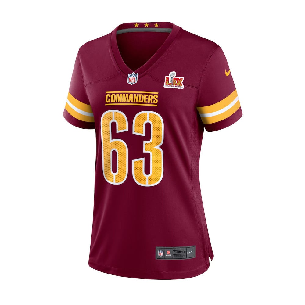 Alternative view of Tyler Biadasz #63 Washington Commanders Super Bowl LIX Women's Jersey - Burgundy JS7469 nicesnker