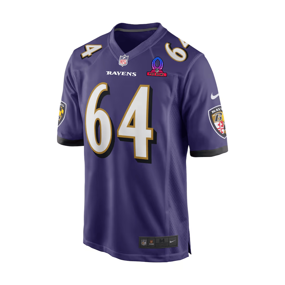 Alternative view of Tyler Linderbaum 64 Baltimore Ravens 2025 Pro Bowl Patch Game Men Jersey - Purple JS2745 nicesnker
