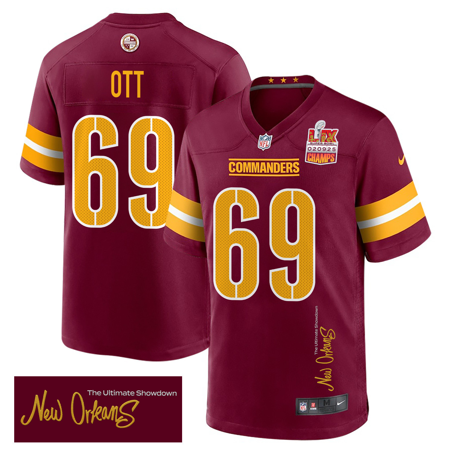 Tyler Ott 69 Washington Commanders Super Bowl LIX Champions Patch 'New Orleans - The Ultimate Showdown' EMBROIDERED Game Men Jersey - Burgundy JS3273 nicesnker