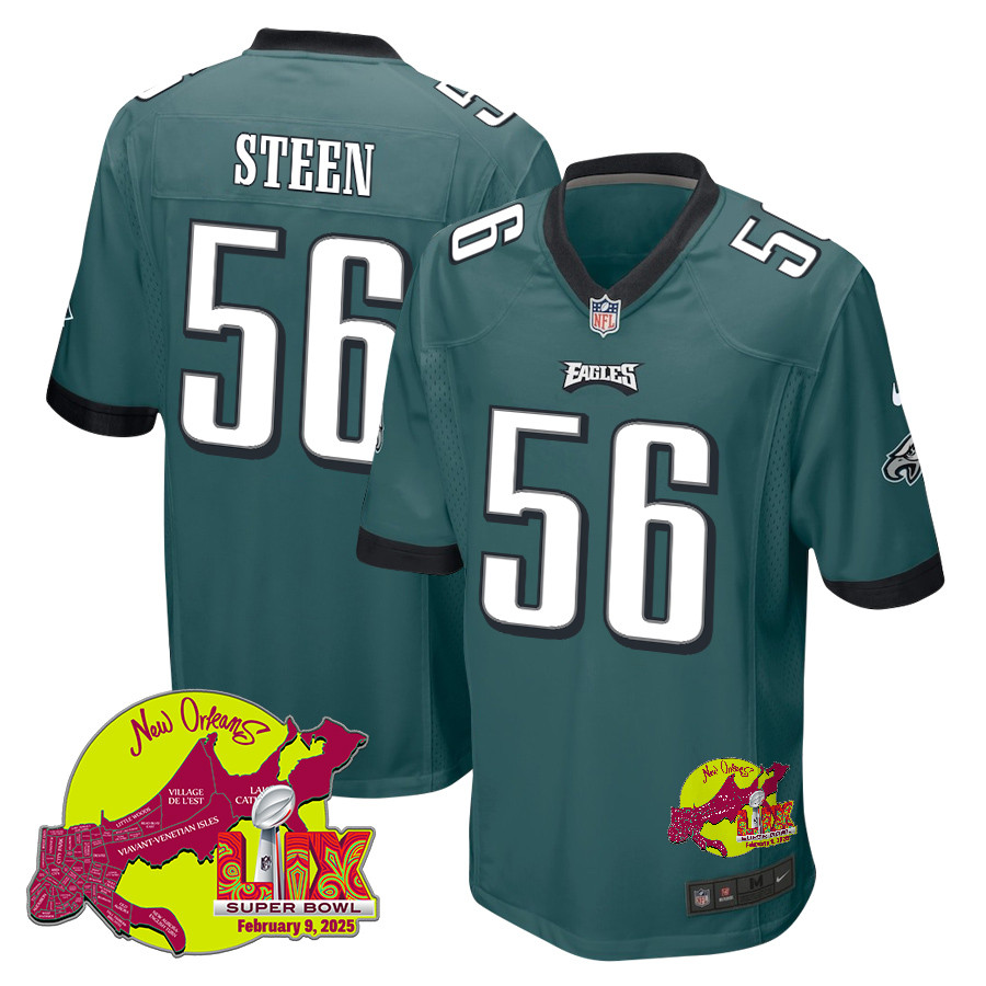 Tyler Steen 56 Philadelphia Eagles Super Bowl LIX New Orleans Patch Game Men Jersey - Midnight Green JS3128 nicesnker