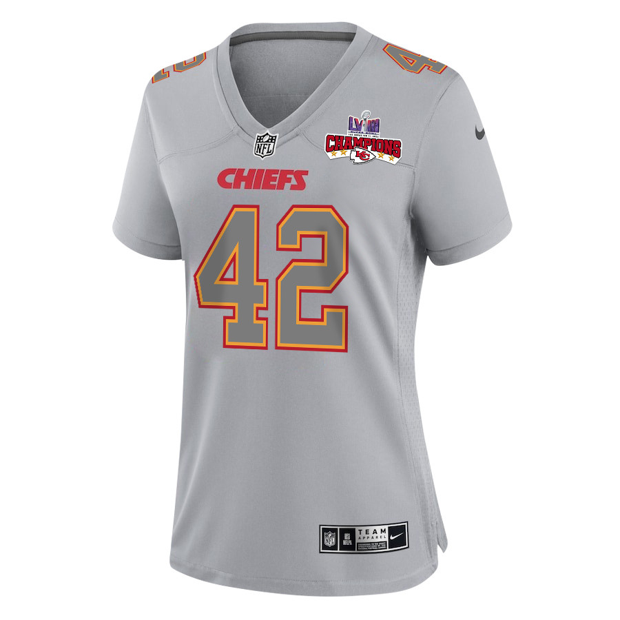 Alternative view of Tyree Gillespie 42 Kansas City Chiefs Super Bowl LVIII Champions 4 Stars Patch Atmosphere Fashion Game Women Jersey - Gray JS4848 nicesnker