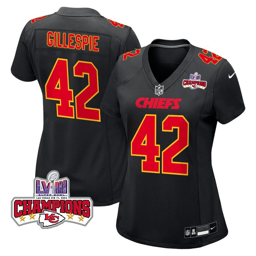 Tyree Gillespie 42 Kansas City Chiefs Super Bowl LVIII Champions 4 Stars Patch Fashion Game Women Jersey - Carbon Black JS2260 nicesnker
