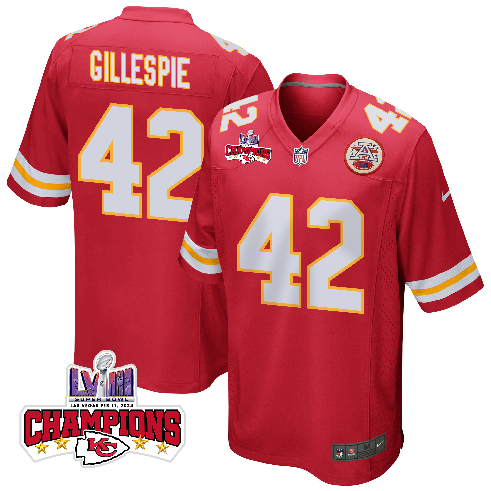 Tyree Gillespie 42 Kansas City Chiefs Super Bowl LVIII Champions 4 Stars Patch Game Men Jersey - Red JS6818 nicesnker