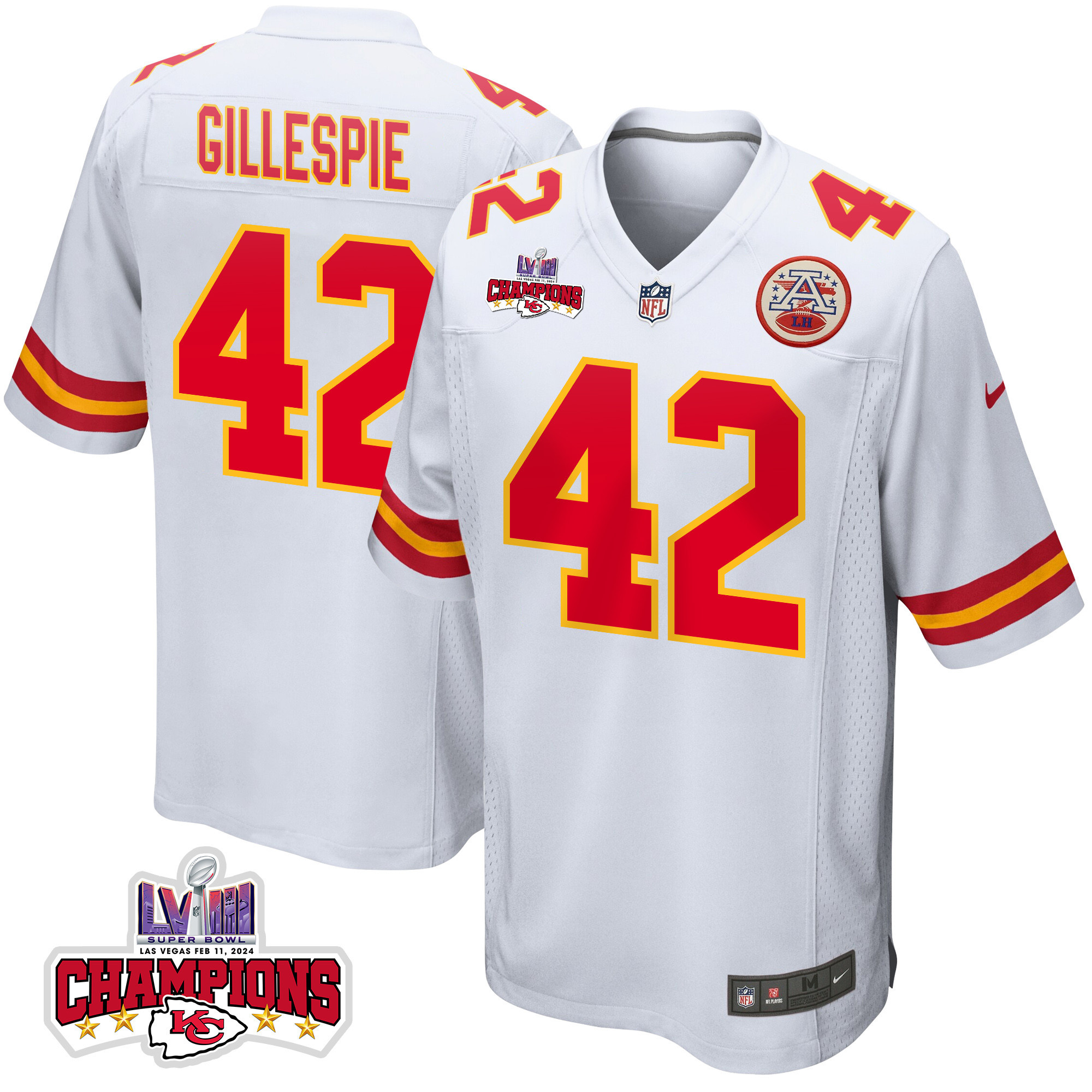 Tyree Gillespie 42 Kansas City Chiefs Super Bowl LVIII Champions 4 Stars Patch Game Men Jersey - White JS5537 nicesnker