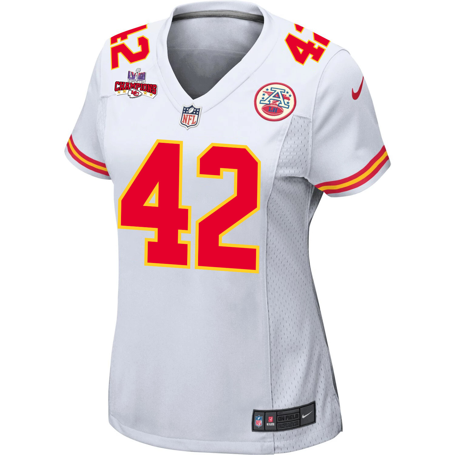 Alternative view of Tyree Gillespie 42 Kansas City Chiefs Super Bowl LVIII Champions 4 Stars Patch Game Women Jersey - White JS4920 nicesnker