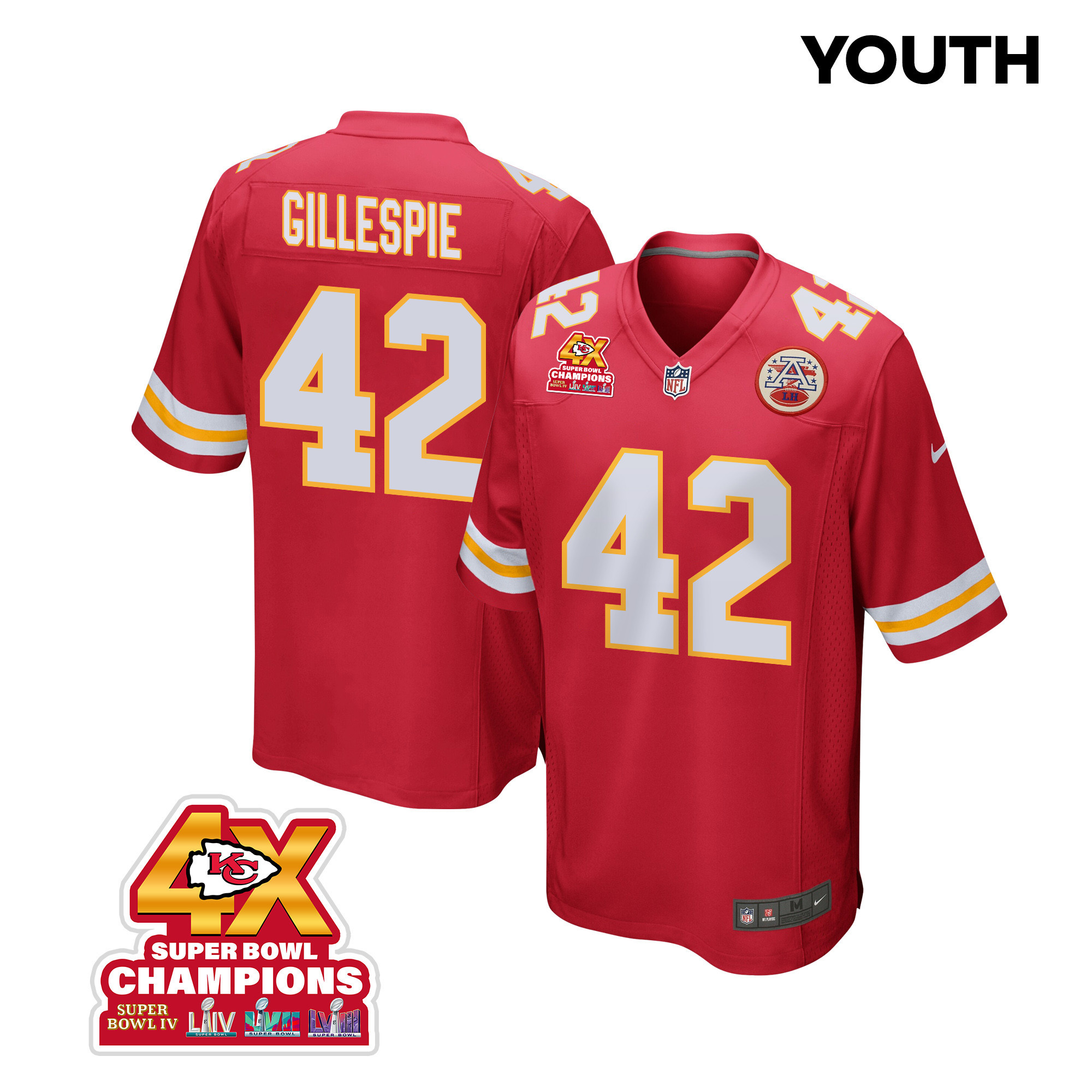 Tyree Gillespie 42 Kansas City Chiefs Super Bowl LVIII Champions 4X Game YOUTH Jersey - Red JS6558 nicesnker