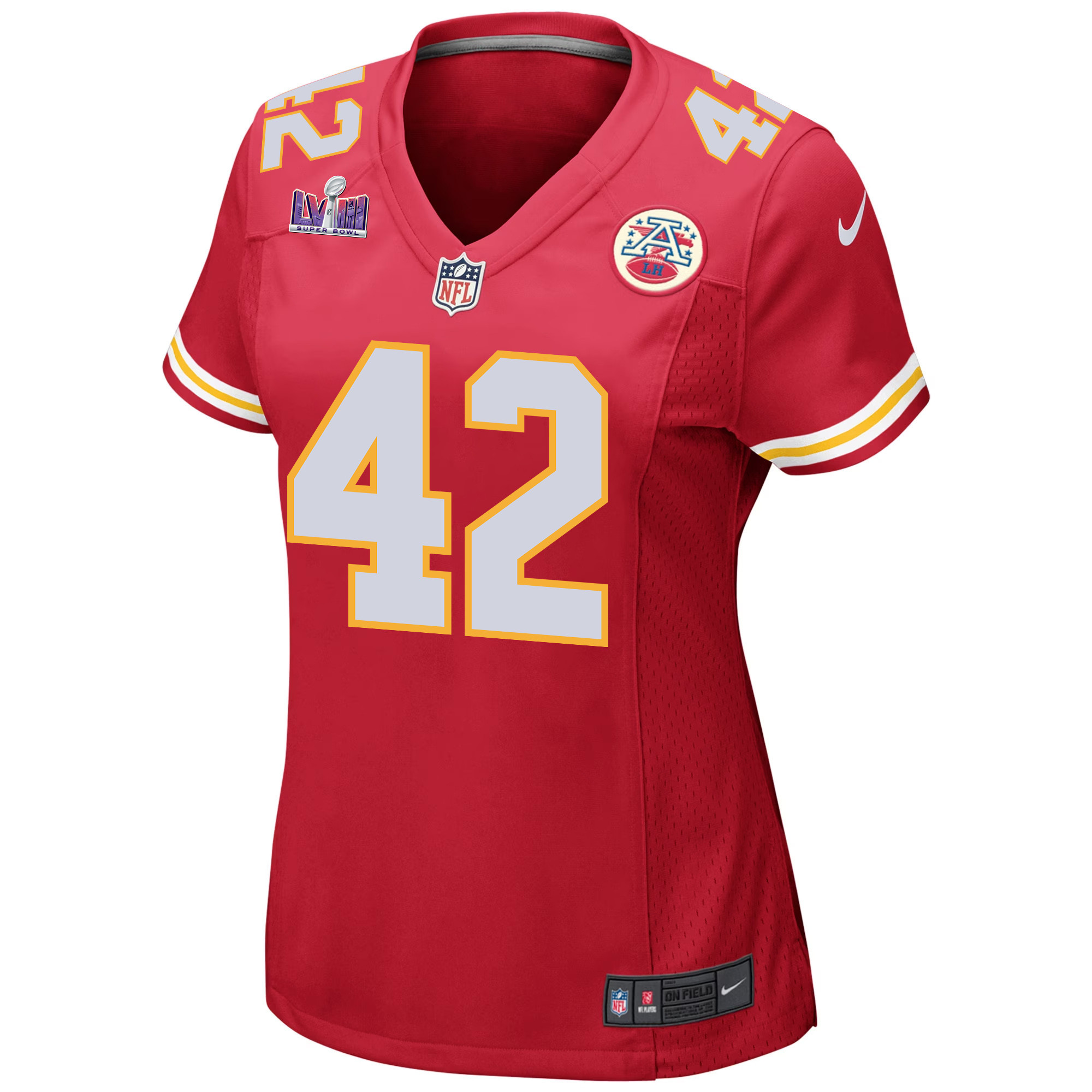 Alternative view of Tyree Gillespie 42 Kansas City Chiefs Super Bowl LVIII Patch Game Women Jersey - Red JS8033 nicesnker