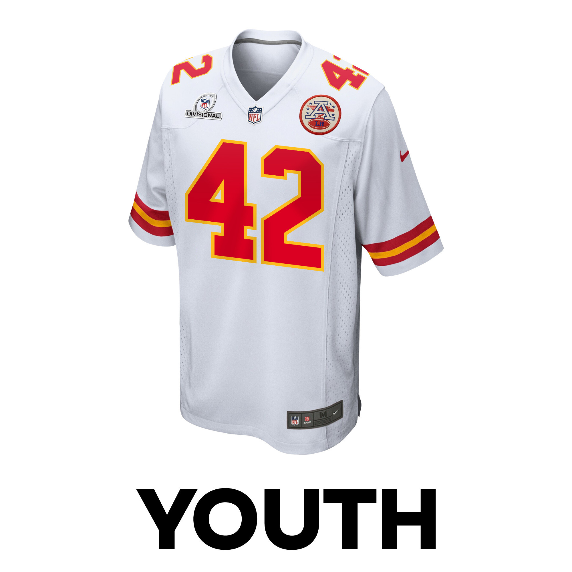 Alternative view of Tyree Gillespie 42 Kansas City Chiefs Super Bowl LVIII Patch Game YOUTH Jersey - White JS3174 nicesnker