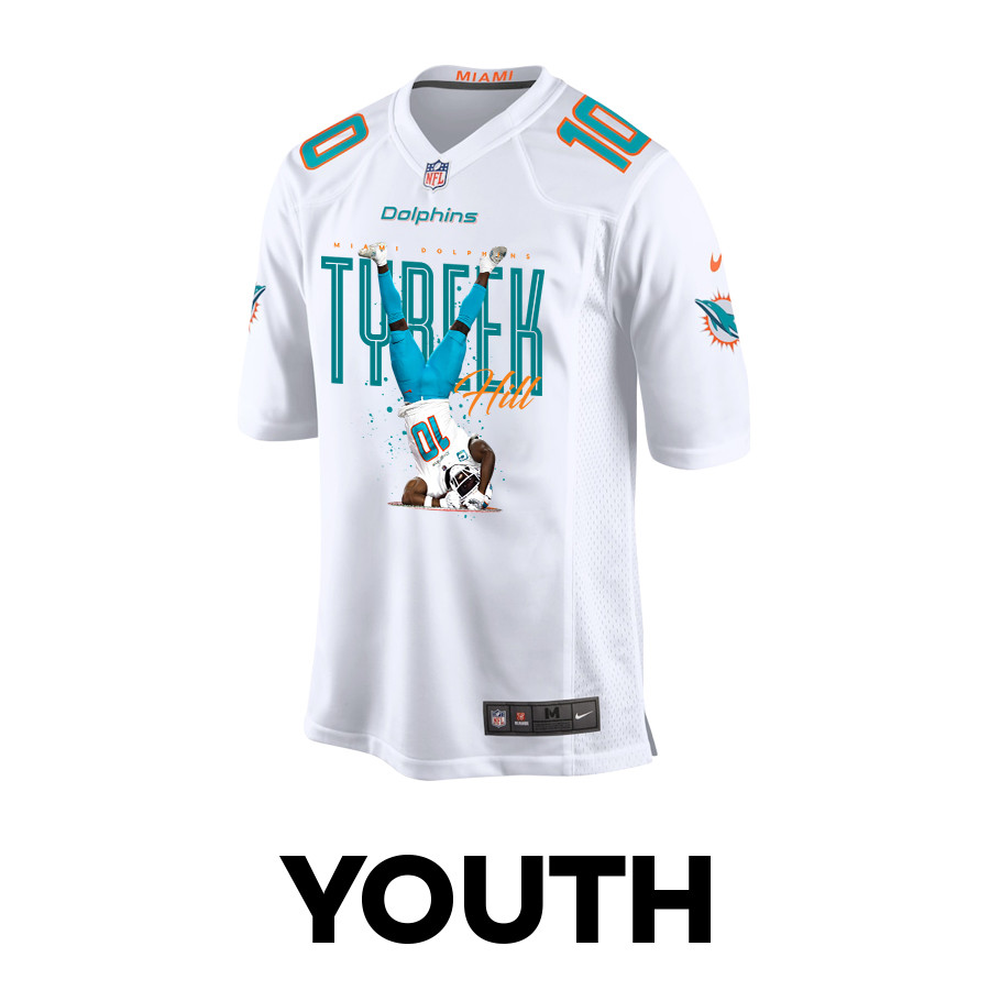 Alternative view of Tyreek Hill 10 Miami Dolphins Celebrating Game YOUTH Jersey - White JS5068 nicesnker