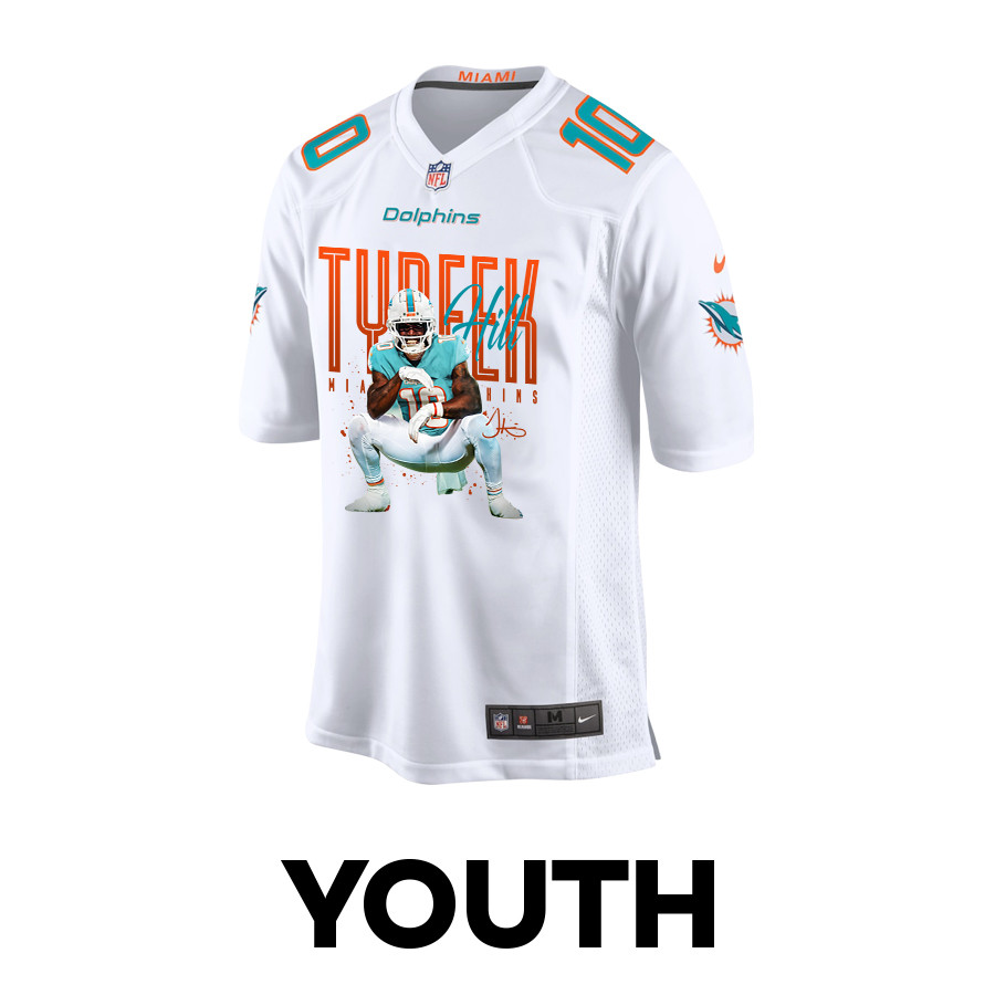 Alternative view of Tyreek Hill 10 Miami Dolphins Cheetah Celebration Game YOUTH Jersey - White JS1496 nicesnker