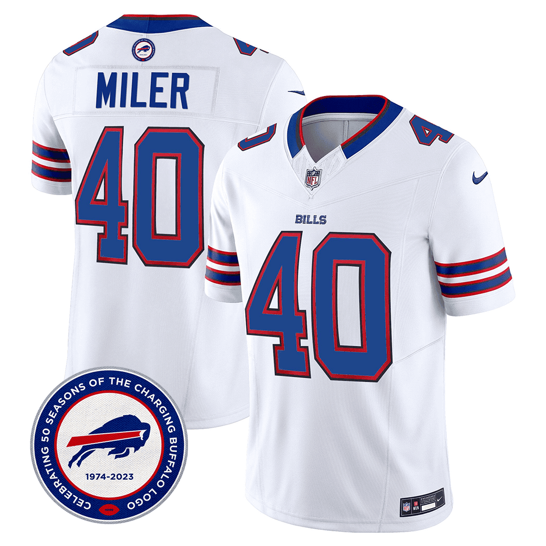 Von Miller 40 Buffalo Bills 50th Charging Logo Patch Game Men Jersey - White JS6373 nicesnker
