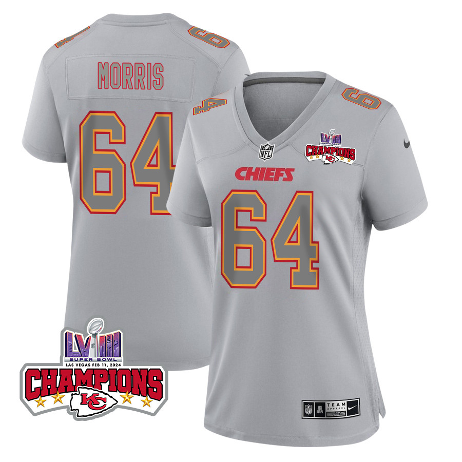Wanya Morris 64 Kansas City Chiefs Super Bowl LVIII Champions 4 Stars Patch Atmosphere Fashion Game Women Jersey - Gray JS8063 nicesnker