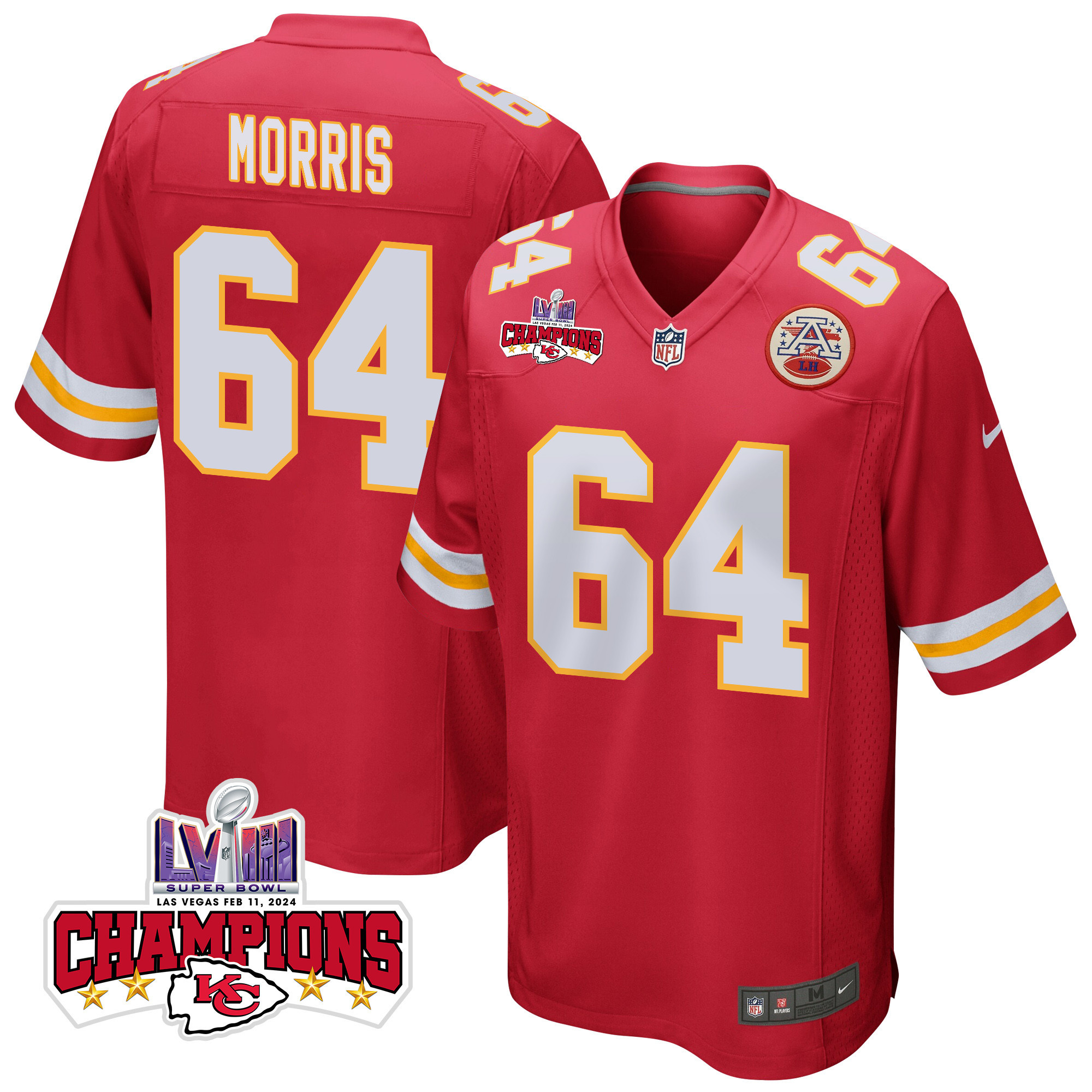 Wanya Morris 64 Kansas City Chiefs Super Bowl LVIII Champions 4 Stars Patch Game Men Jersey - Red JS9995 nicesnker
