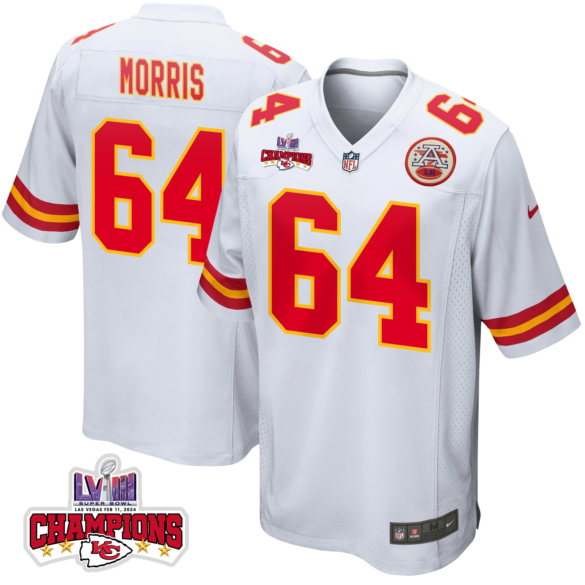 Wanya Morris 64 Kansas City Chiefs Super Bowl LVIII Champions 4 Stars Patch Game Men Jersey - White JS5799 nicesnker