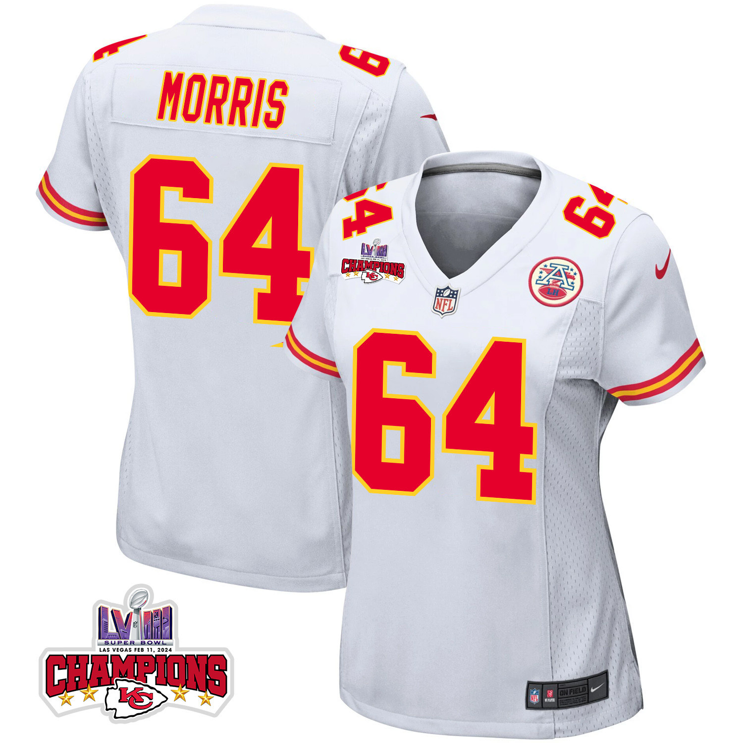 Wanya Morris 64 Kansas City Chiefs Super Bowl LVIII Champions 4 Stars Patch Game Women Jersey - White JS4363 nicesnker