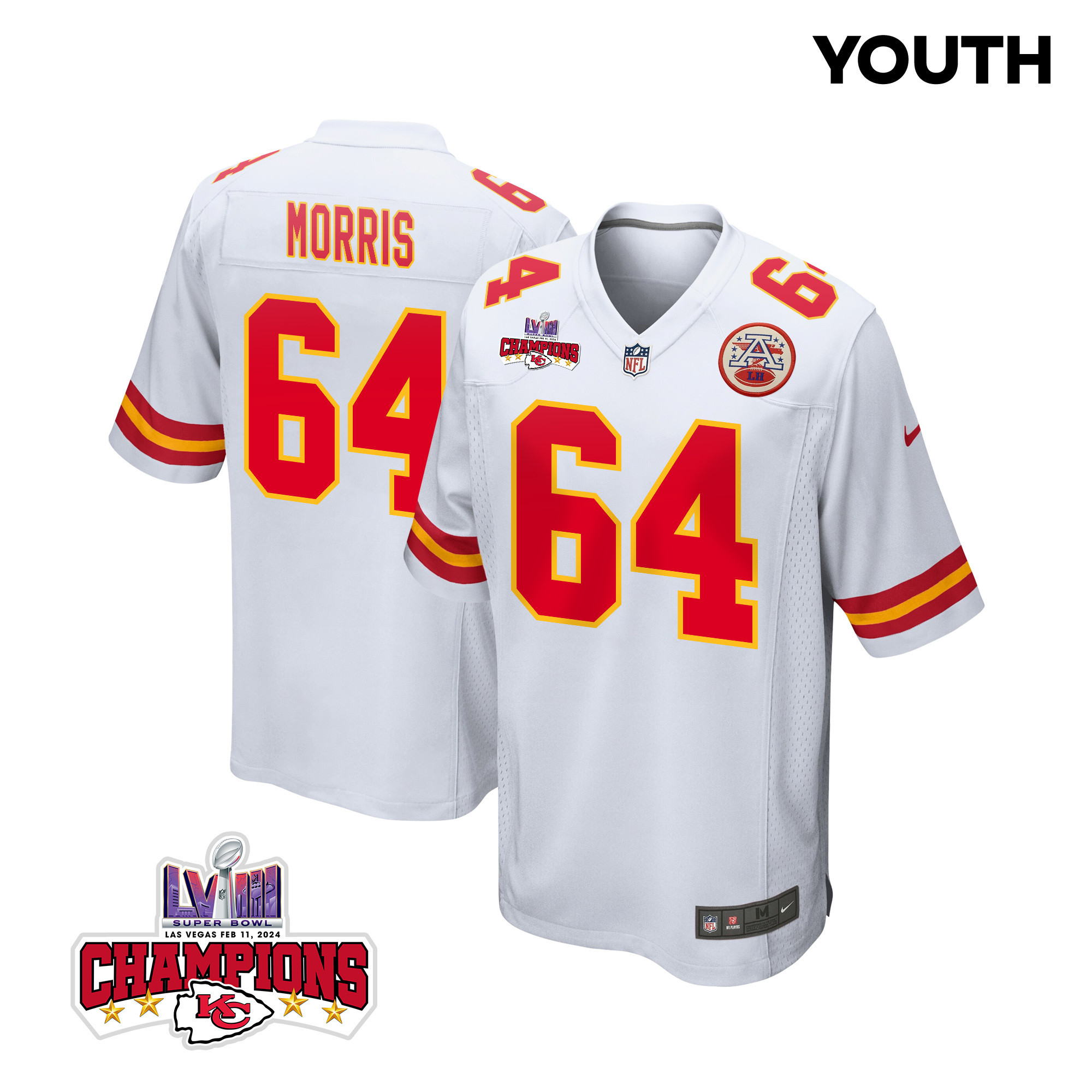 Wanya Morris 64 Kansas City Chiefs Super Bowl LVIII Champions 4 Stars Patch Game YOUTH Jersey - White JS8717 nicesnker