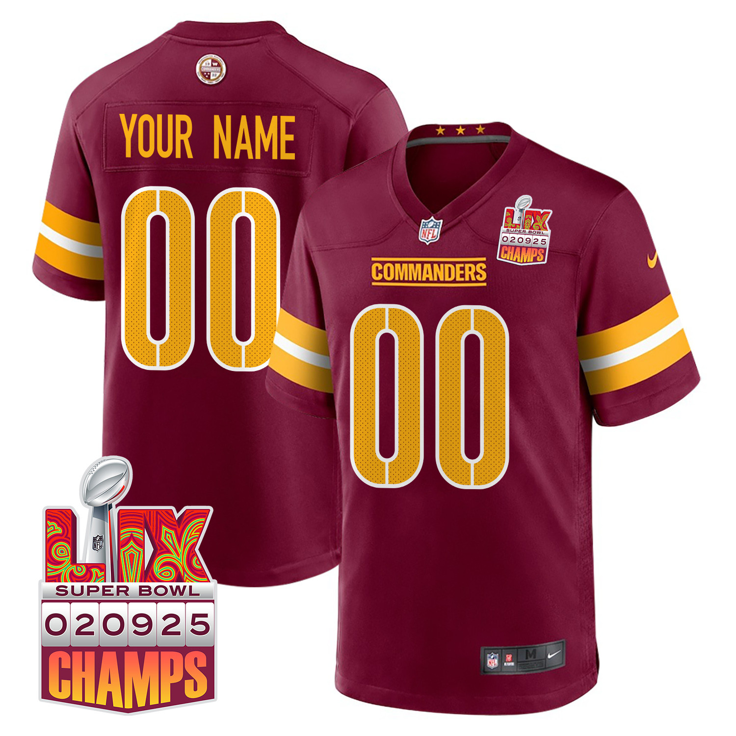 Washington Commanders Super Bowl LIX Champions Patch Game Men Custom Jersey - Burgundy JS5830 nicesnker