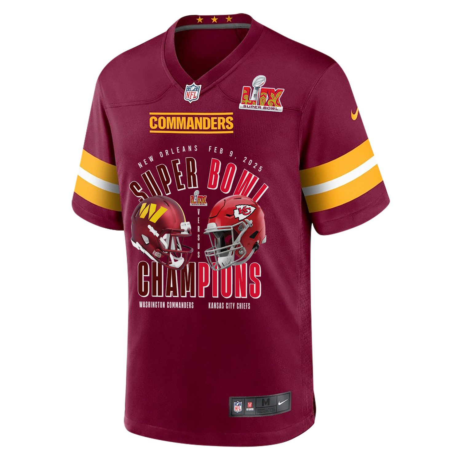 Alternative view of Washington Commanders Vs. Kansas City Chiefs Super Bowl LIX Game Men Custom Jersey - Burgundy JS3709 nicesnker