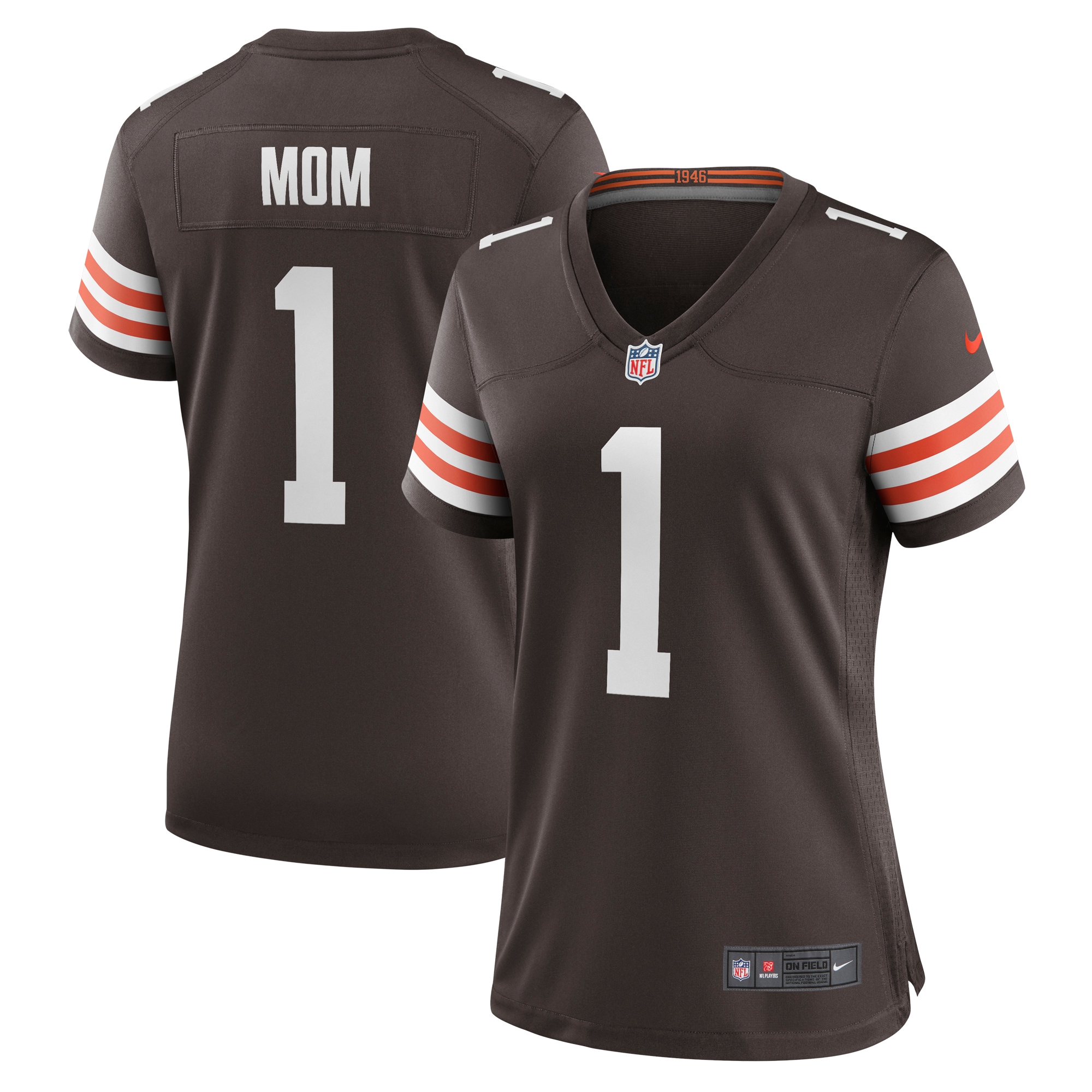 Women's Cleveland Browns Number 1 Mom Brown Game Jersey JS7249 nicesnker