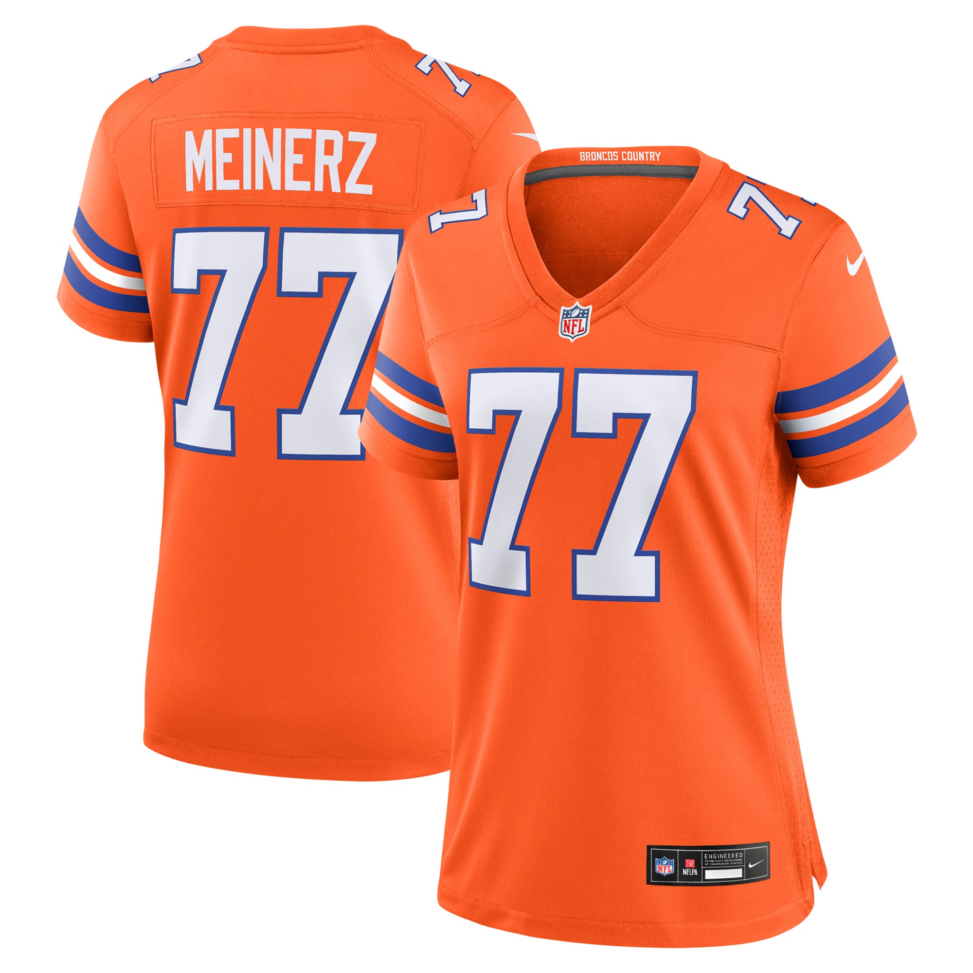 Women's Denver Broncos Quinn Meinerz Orange Mile High Collection 1977 Throwback Player Game Jersey JS4926 nicesnker