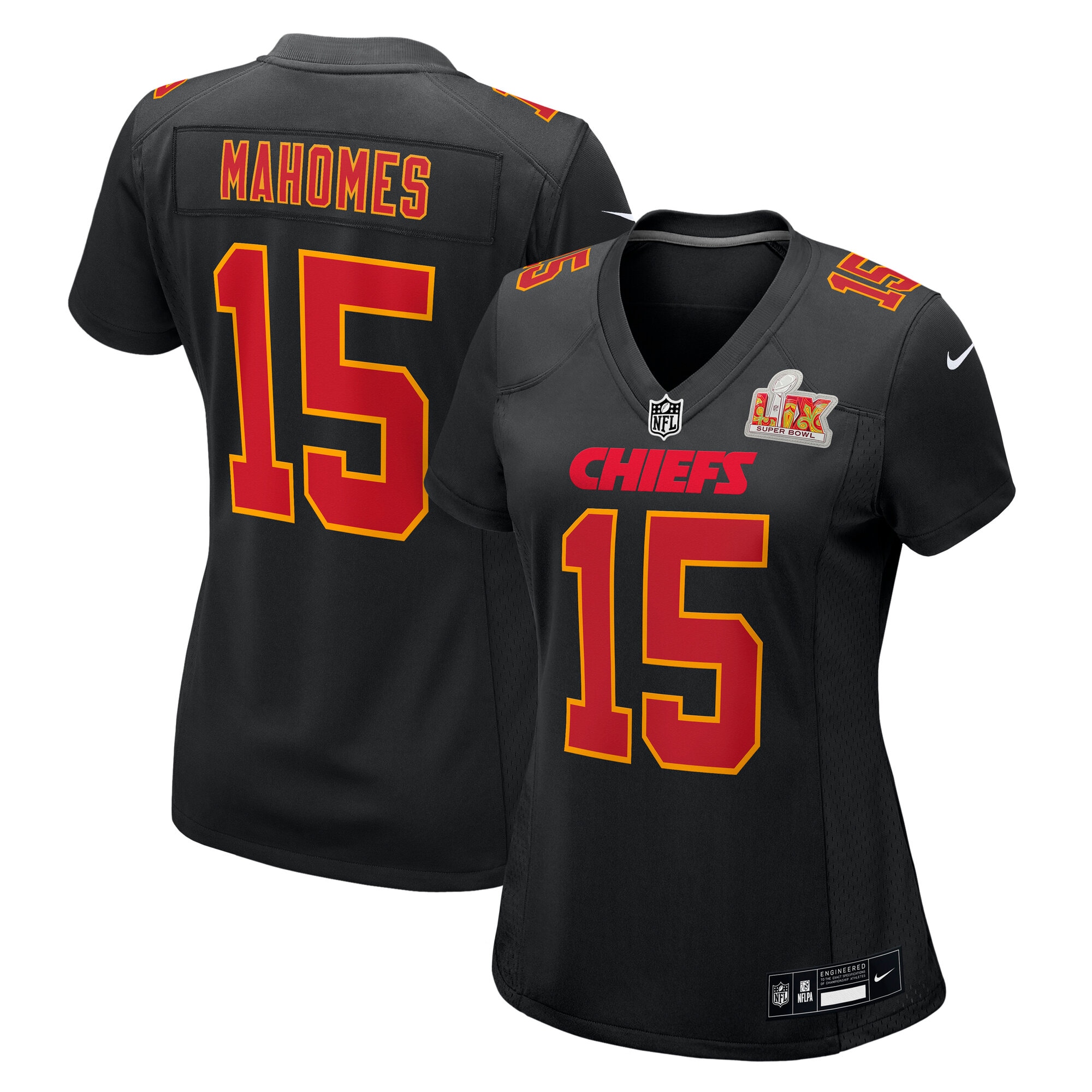 Women's Kansas City Chiefs Patrick Mahomes Carbon Black Super Bowl LIX Fashion Game Jersey JS2826 nicesnker