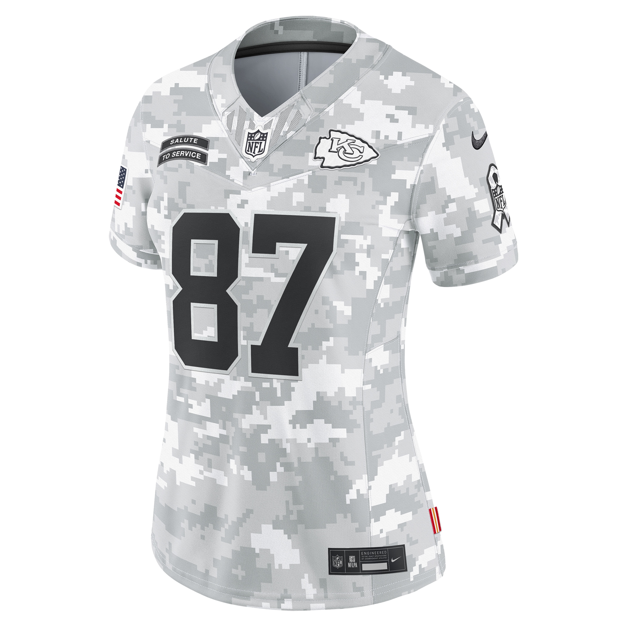 Alternative view of Women's Kansas City Chiefs Travis Kelce Arctic Camo 2024 Salute to Service Limited Jersey JS2775 nicesnker