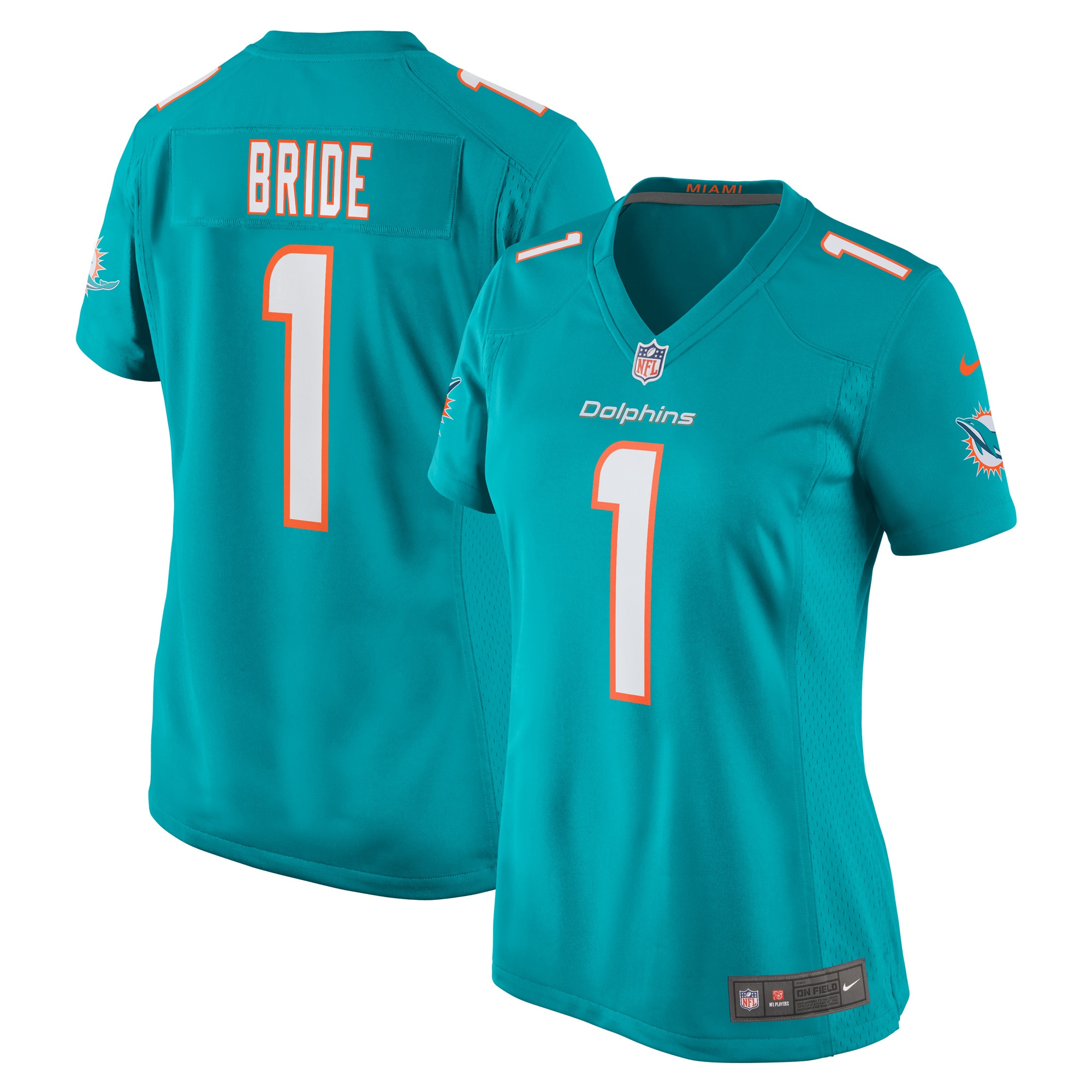 Women's Miami Dolphins Number 1 Bride Aqua Game Jersey JS2249 nicesnker