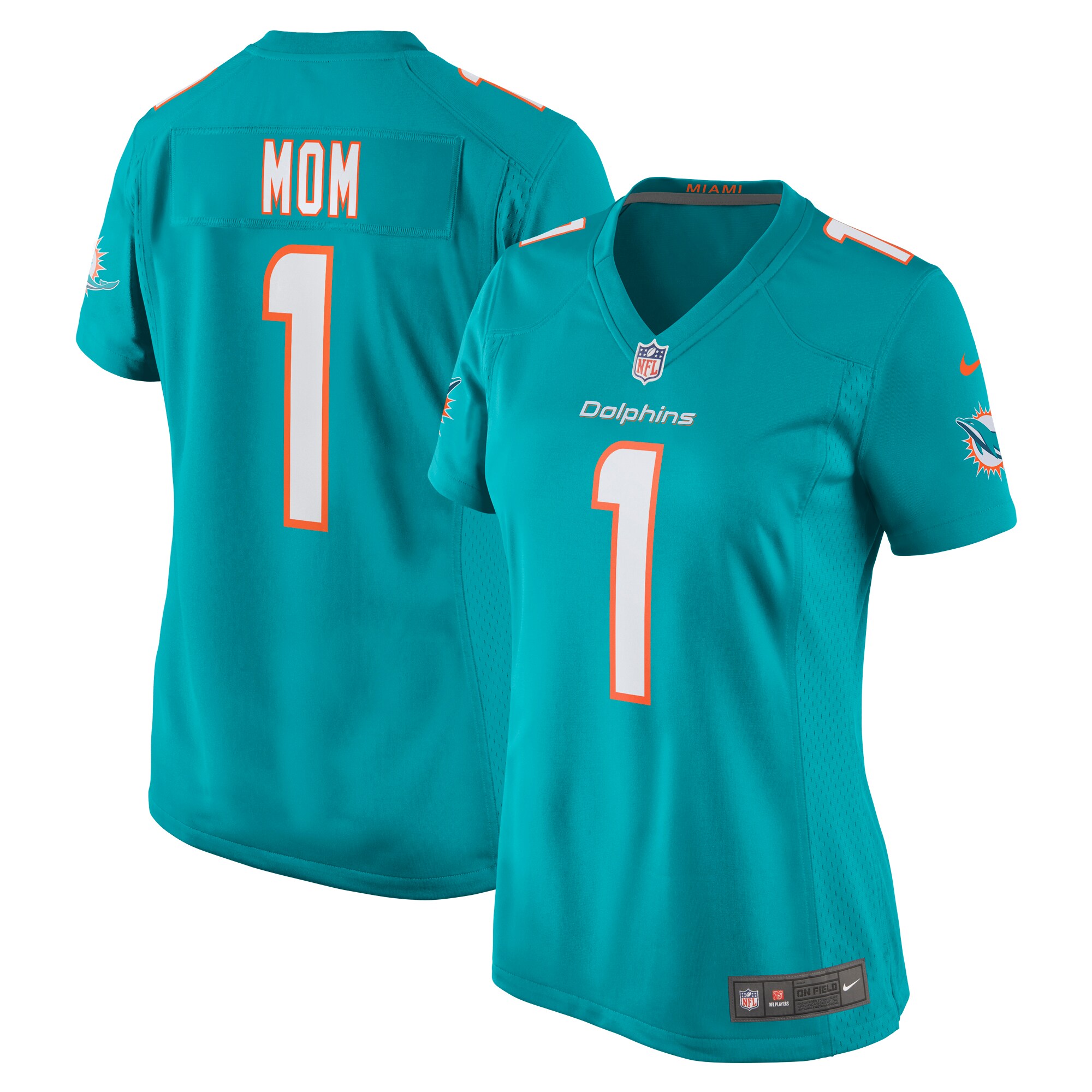 Women's Miami Dolphins Number 1 Mom Aqua Game Jersey JS4305 nicesnker