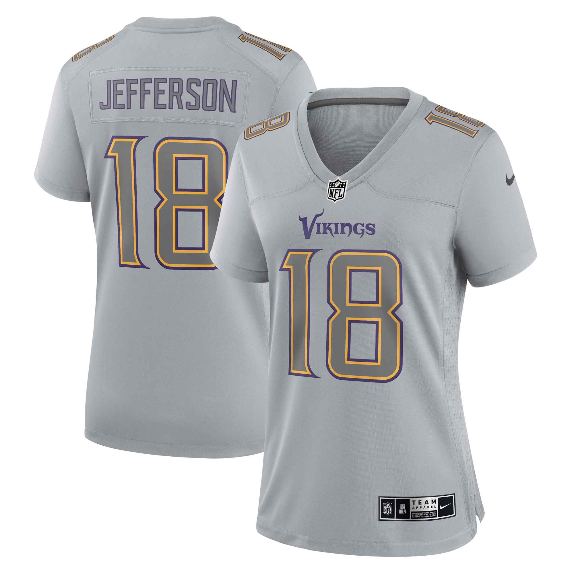 Women's Minnesota Vikings Justin Jefferson Gray Atmosphere Fashion Game Jersey JS3850 nicesnker