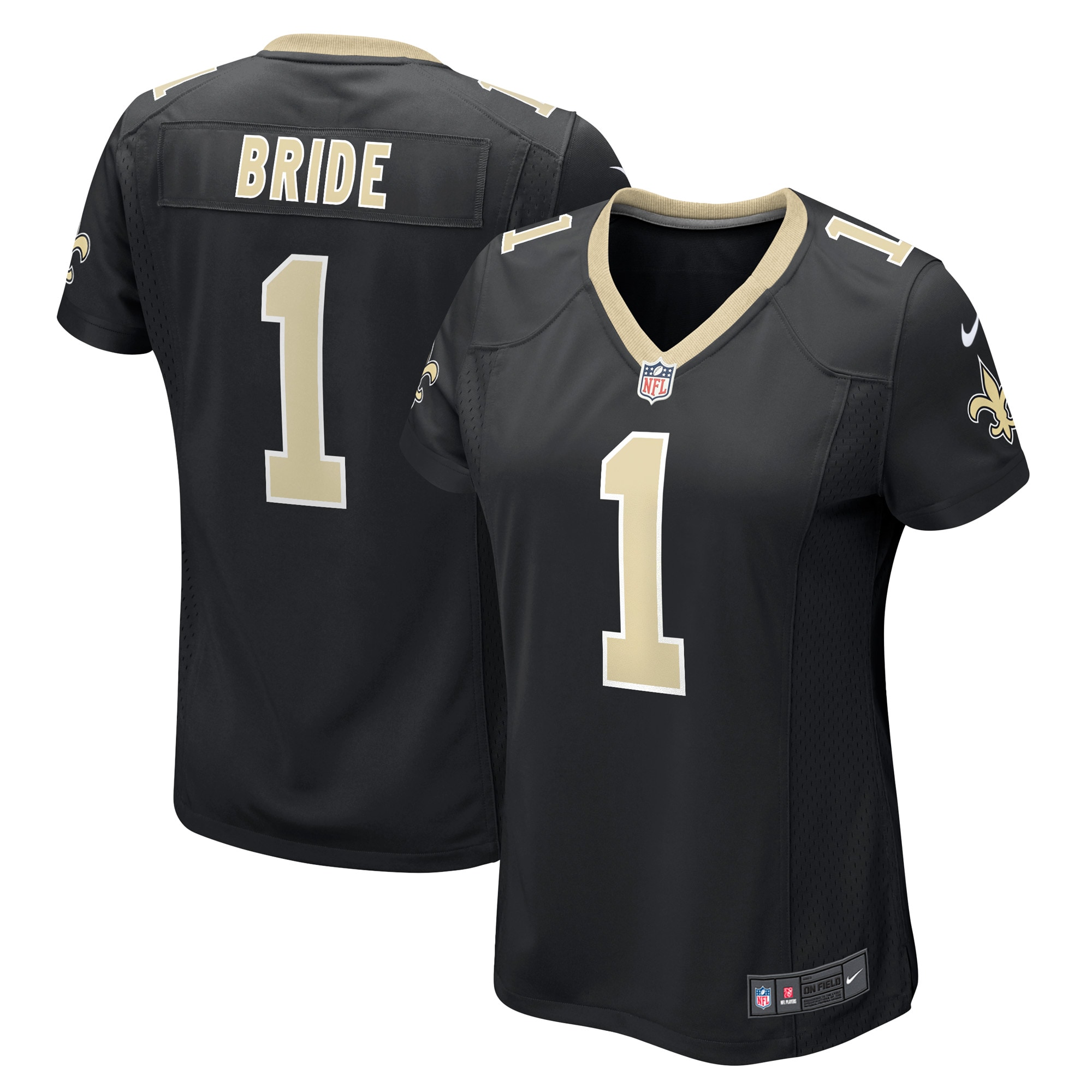 Women's New Orleans Saints Number 1 Bride Black Game Jersey JS7664 nicesnker