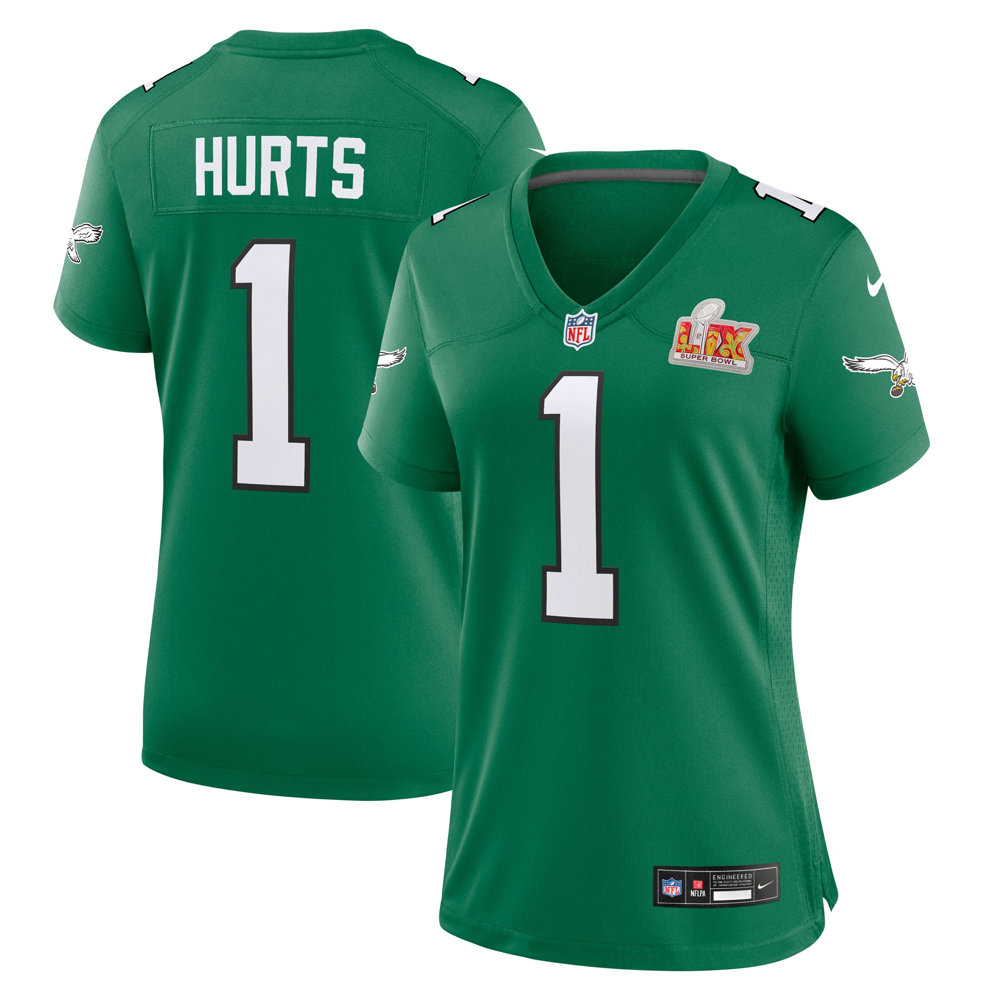 Women's Philadelphia Eagles Jalen Hurts Kelly Green Super Bowl LIX 2nd Alternate Game Jersey JS1354 nicesnker