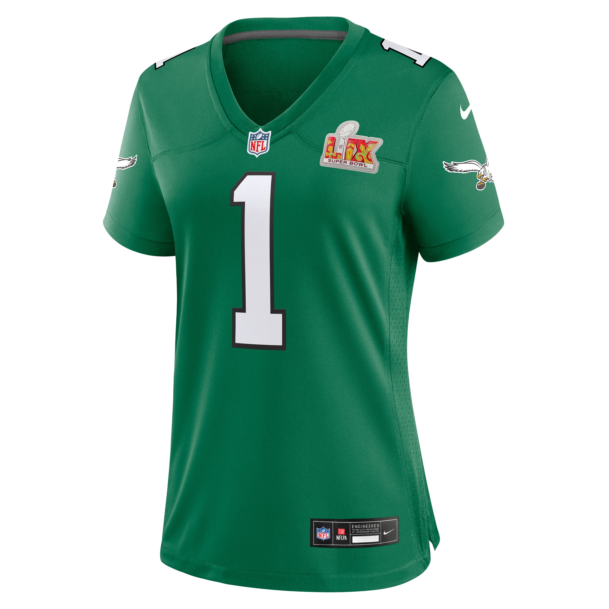 Alternative view of Women's Philadelphia Eagles Jalen Hurts Kelly Green Super Bowl LIX 2nd Alternate Game Jersey JS1354 nicesnker