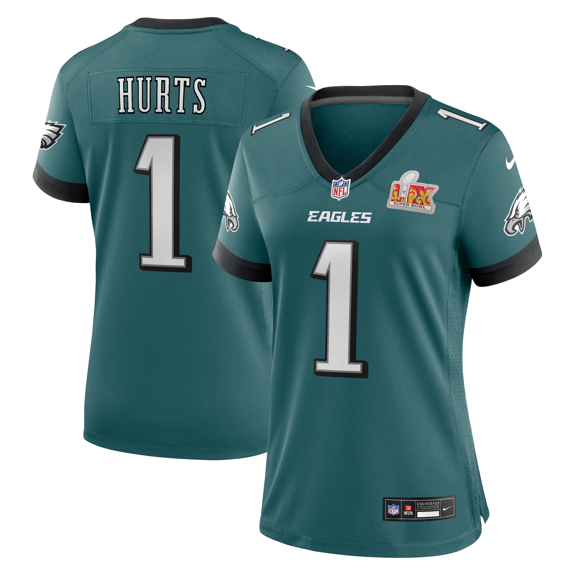 Women's Philadelphia Eagles Jalen Hurts Midnight Green Super Bowl LIX Game Player Jersey JS6585 nicesnker