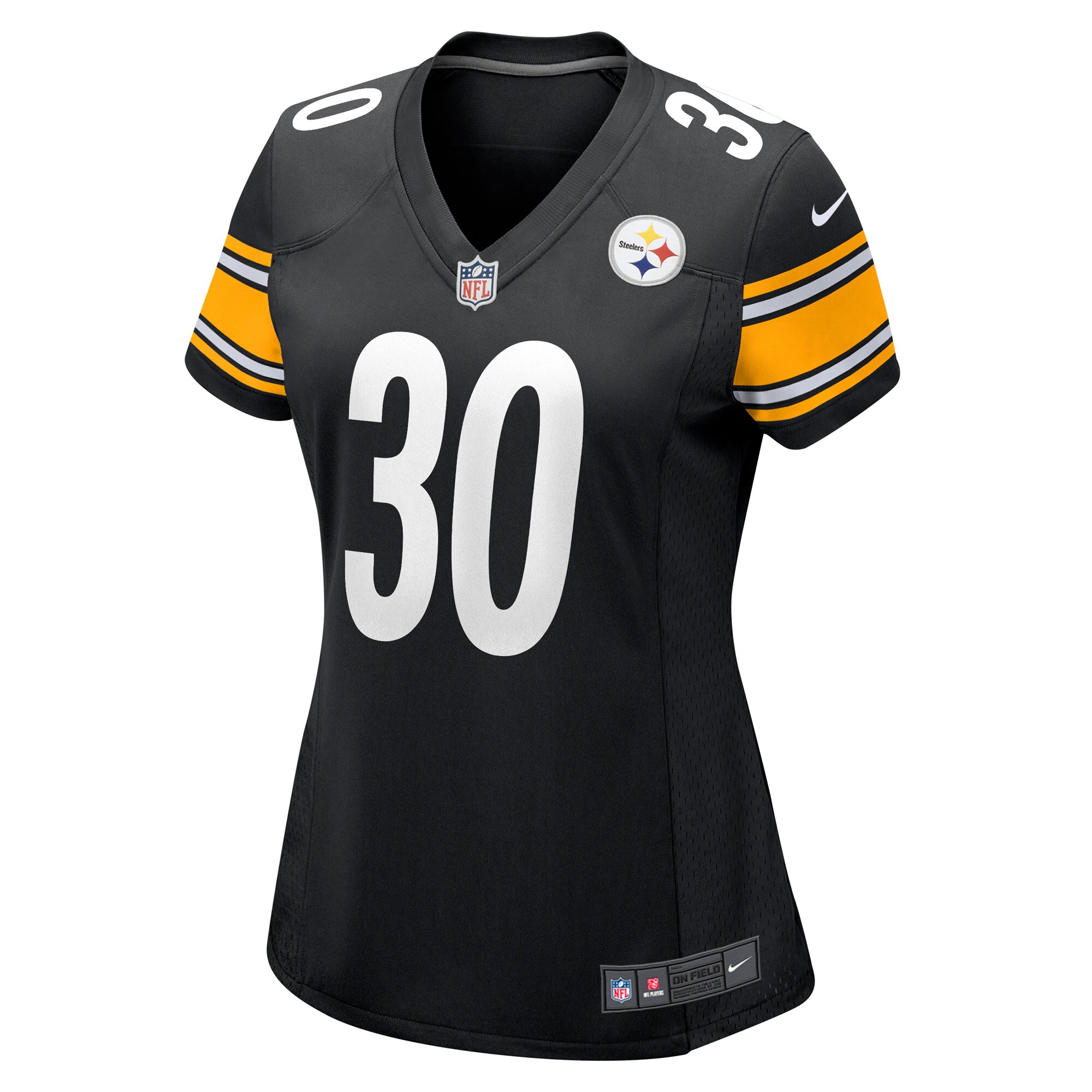 Alternative view of Women's Pittsburgh Steelers Jaylen Warren Black Game Player Jersey JS3645 nicesnker