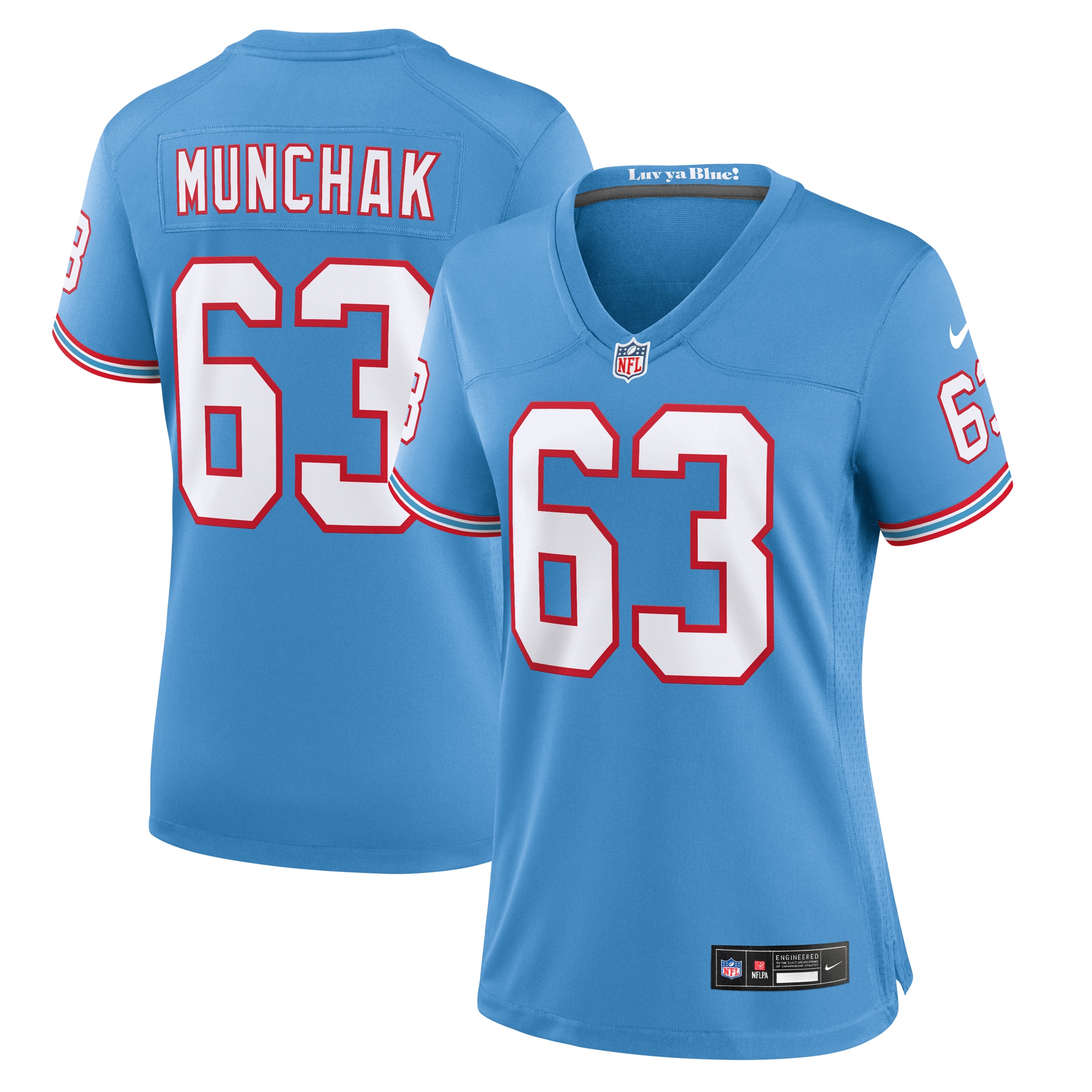 Women's Tennessee Titans Mike Munchak Light Blue Oilers Throwback Retired Player Game Jersey JS7730 nicesnker