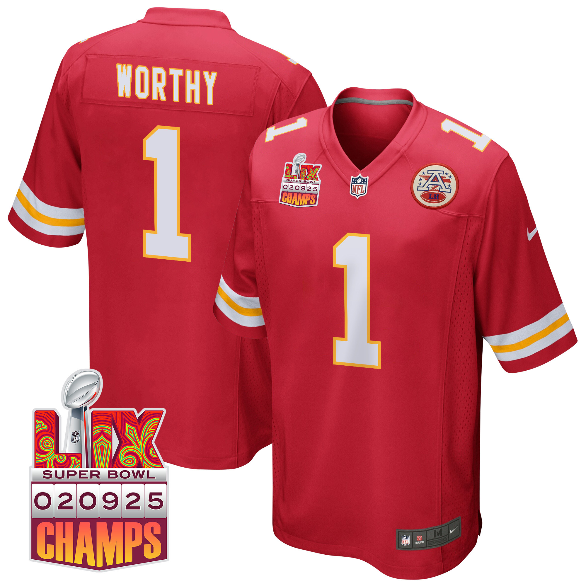 Xavier Worthy 1 Kansas City Chiefs Super Bowl LIX Champions Patch Game Men Jersey - Red JS3465 nicesnker