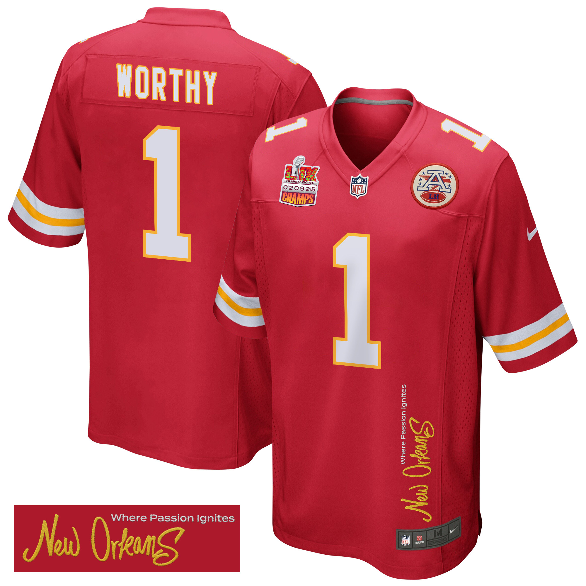 Xavier Worthy 1 Kansas City Chiefs Super Bowl LIX Champions Patch 'New Orleans - Where Passion Ignites' EMBROIDERED Game Men Jersey - Red JS8213 nicesnker