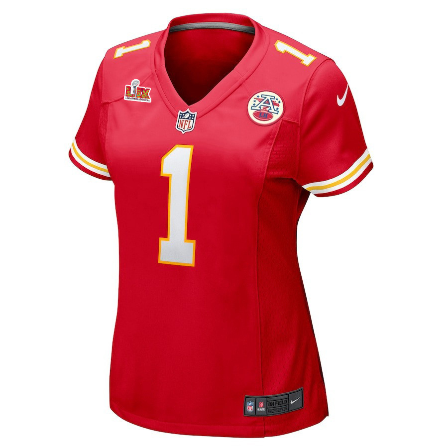 Alternative view of Xavier Worthy #1 Kansas City Chiefs Super Bowl LIX Women's Jersey - Red JS9216 nicesnker