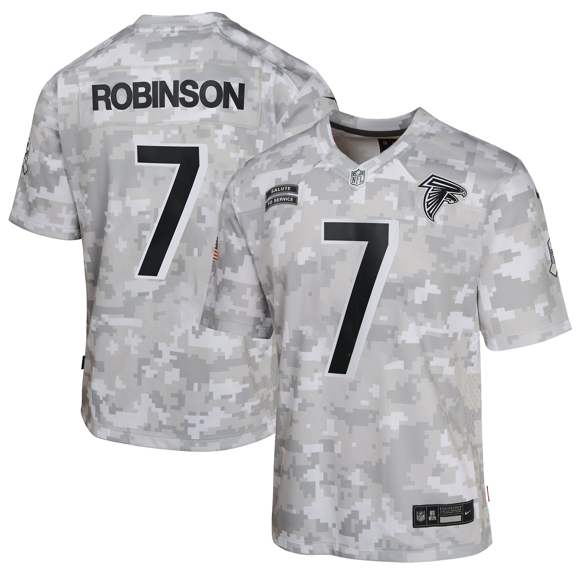 Youth Atlanta Falcons Bijan Robinson Arctic Camo 2024 Salute to Service Game Jersey JS7943 nicesnker