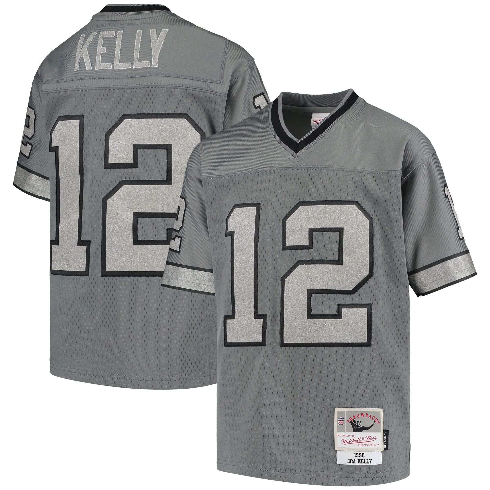 Youth Buffalo Bills Jim Kelly Mitchell & Ness Charcoal 1990 Retired Player Metal Jersey JS4294 nicesnker