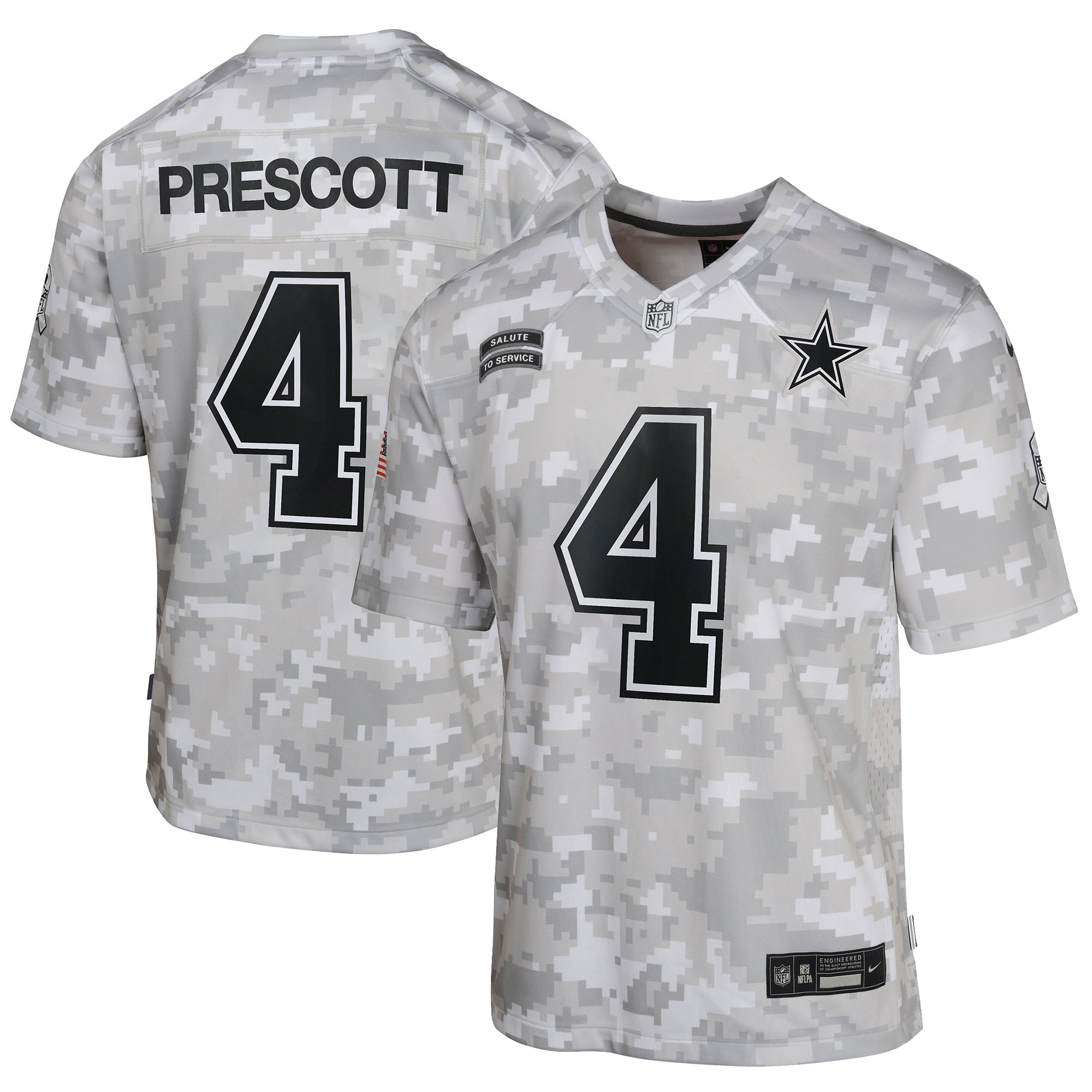Youth Dallas Cowboys Dak Prescott Arctic Camo 2024 Salute to Service Game Jersey JS6933 nicesnker