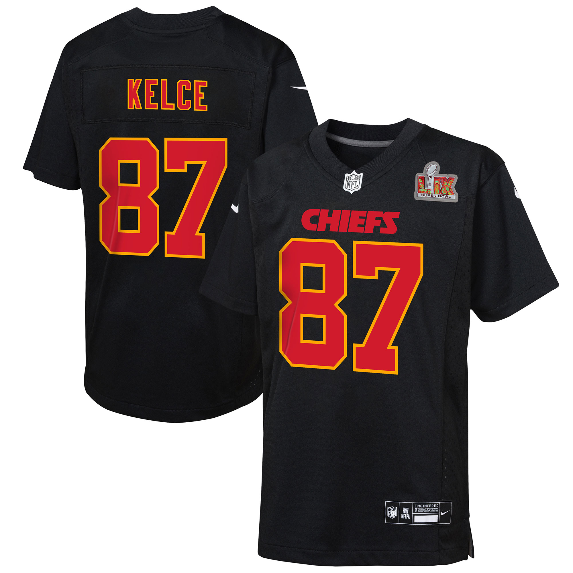 Youth Kansas City Chiefs Travis Kelce Carbon Black Super Bowl LIX Patch Fashion Game Jersey JS7309 nicesnker